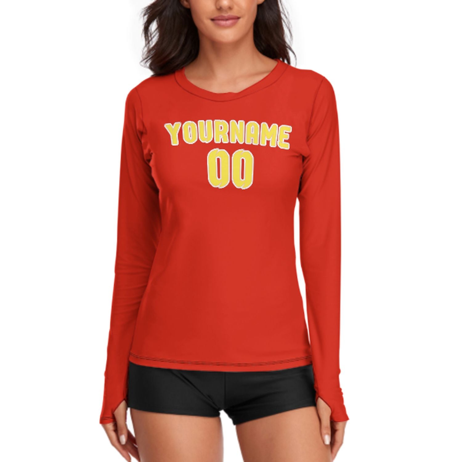 Maßgeschneidertes Orangerot Blassgelb Damen Langarmshirt