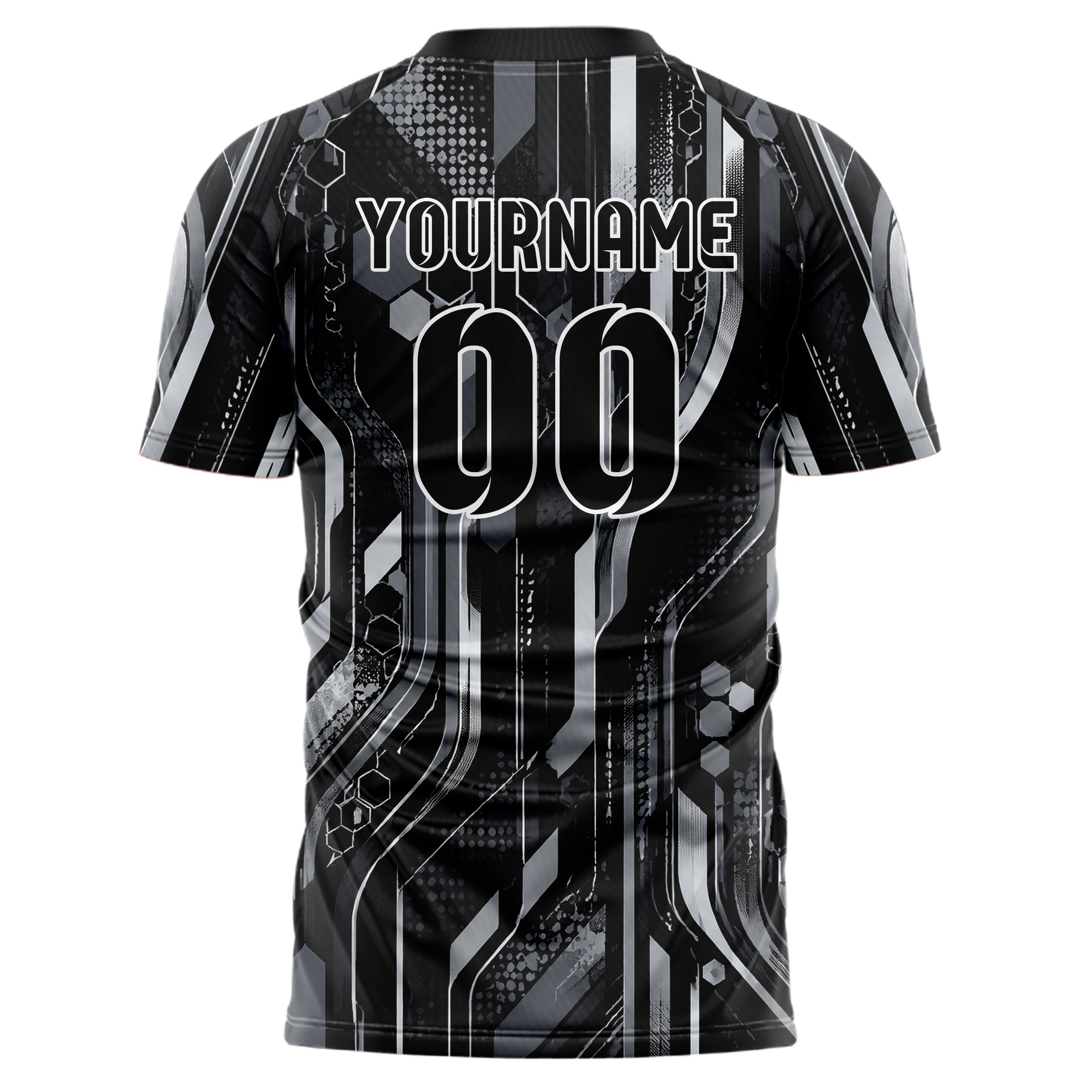 Schwarz klassisches abstrakte Linien Hexagons Curve Lines Design 12-0333 individuelles Fußballtrikot back