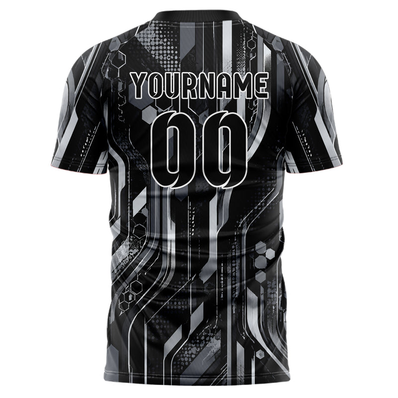 Schwarz klassisches abstrakte Linien Hexagons Curve Lines Design 12-0333 individuelles Fußballtrikot back