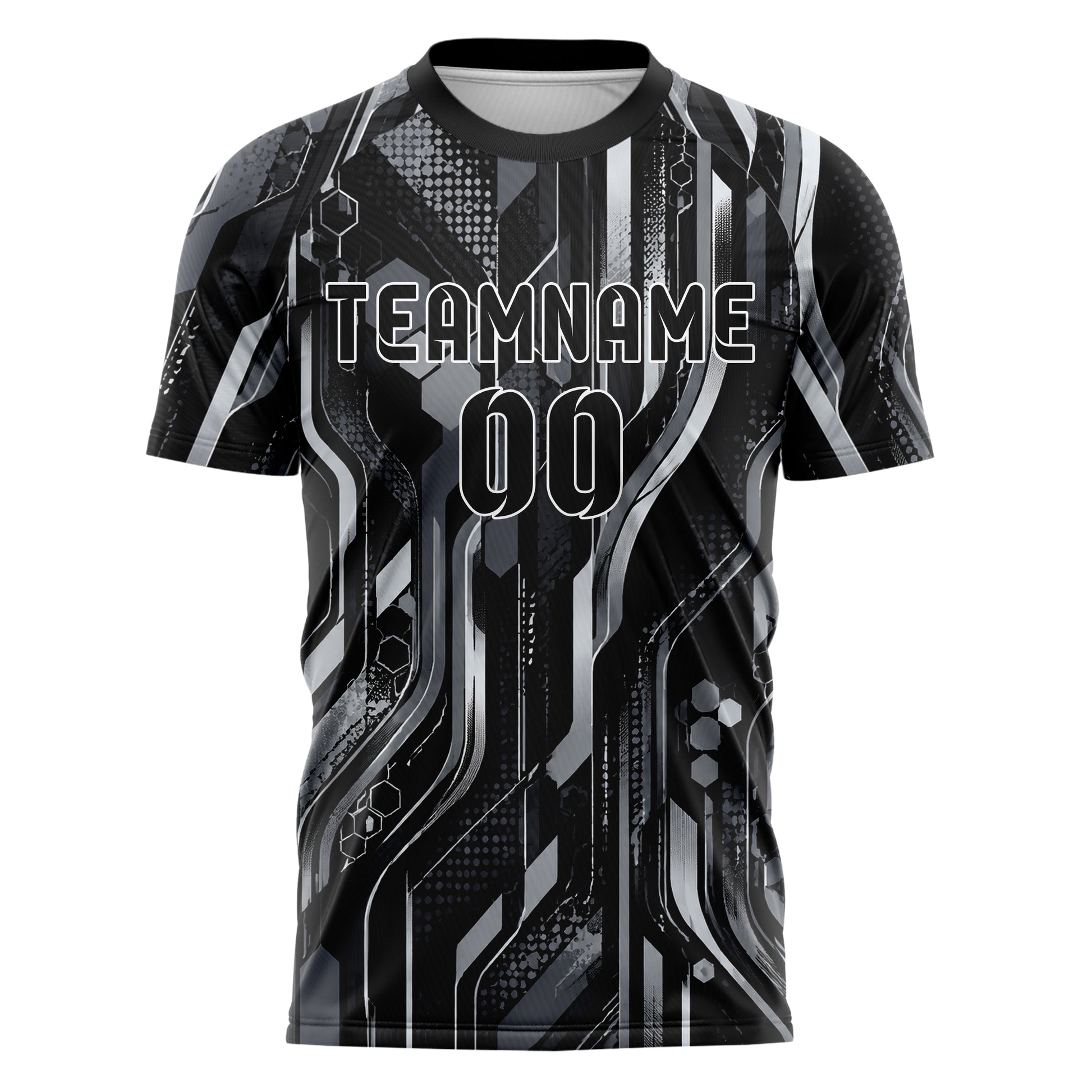 Schwarz klassisches abstrakte Linien Hexagons Curve Lines Design 12-0333 individuelles Fußballtrikot front