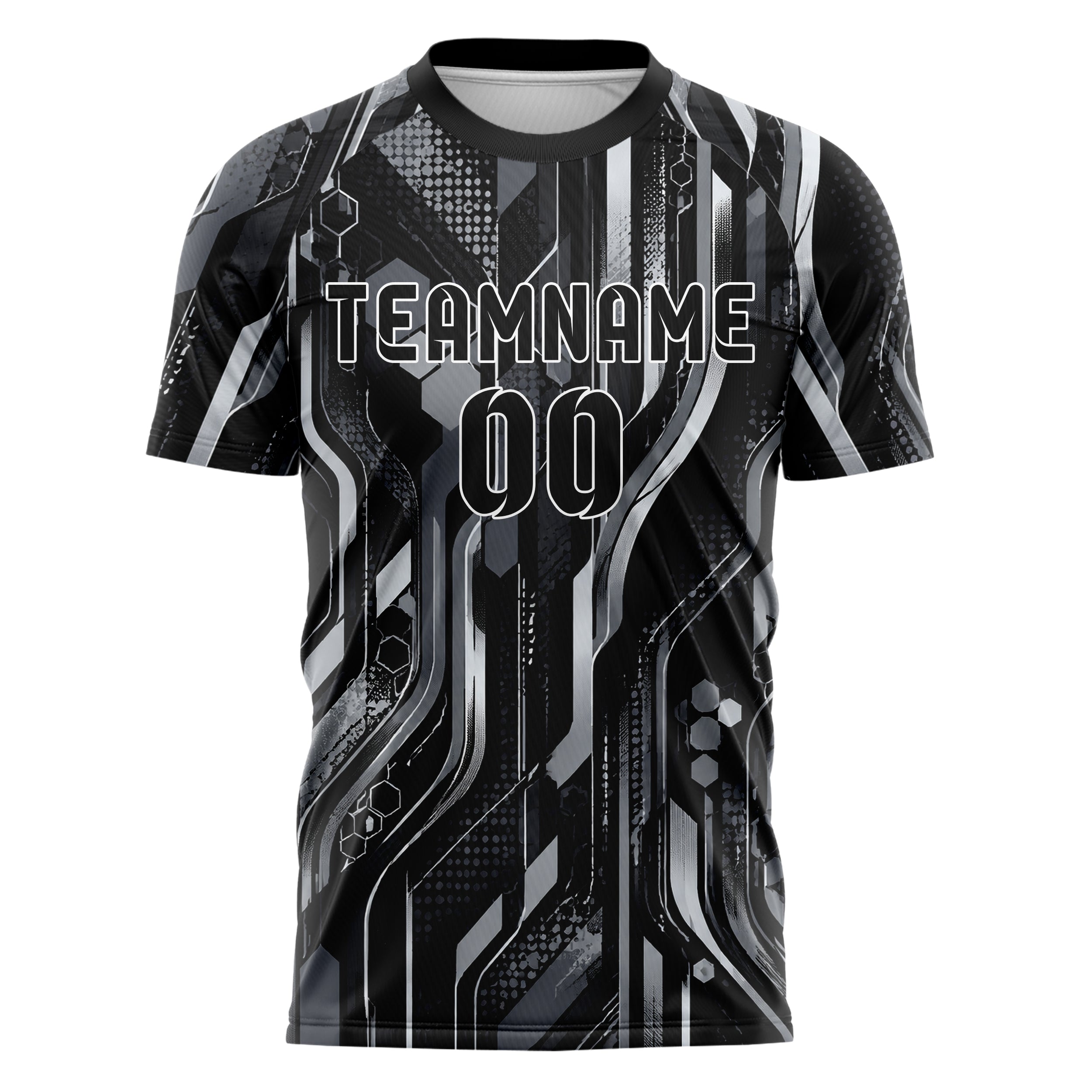 Schwarz klassisches abstrakte Linien Hexagons Curve Lines Design 12-0333 individuelles Fußballtrikot front