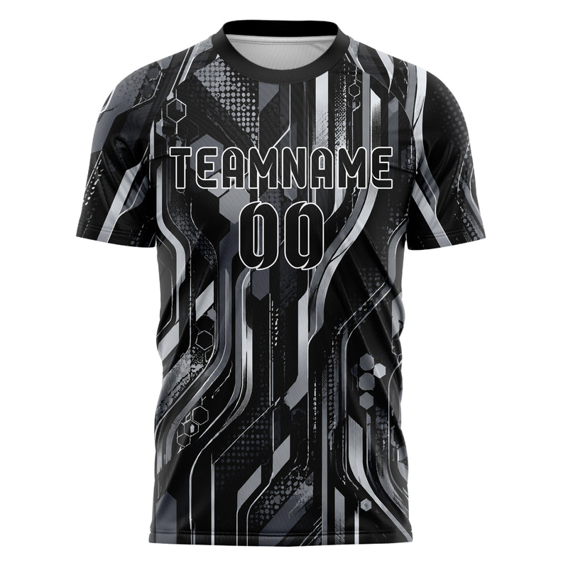 Schwarz klassisches abstrakte Linien Hexagons Curve Lines Design 12-0333 individuelles Fußballtrikot front