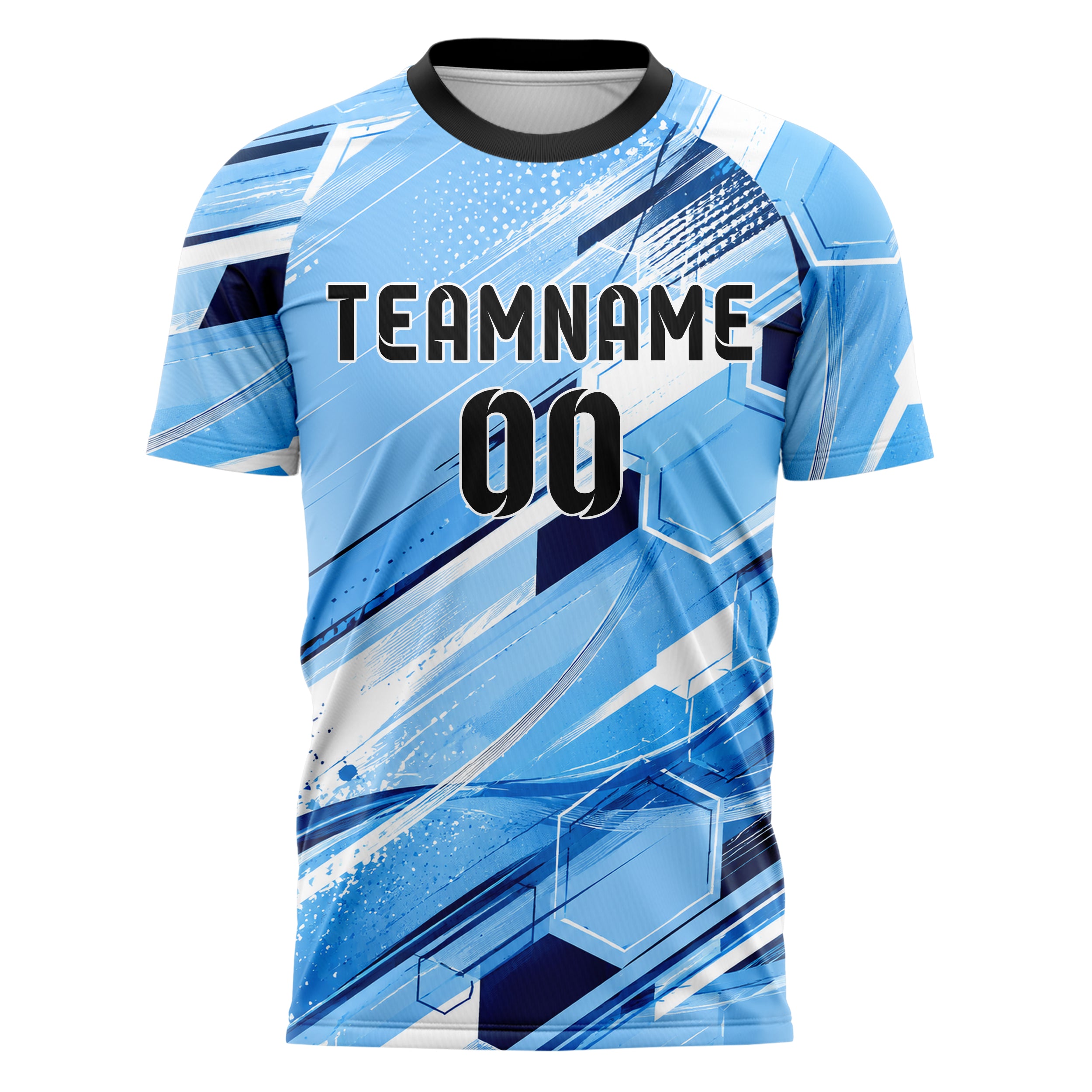 Hellblau klassisches abstrakte Linien Hexagons Curve Lines Design 12-0061 individuelles Fußballtrikot front
