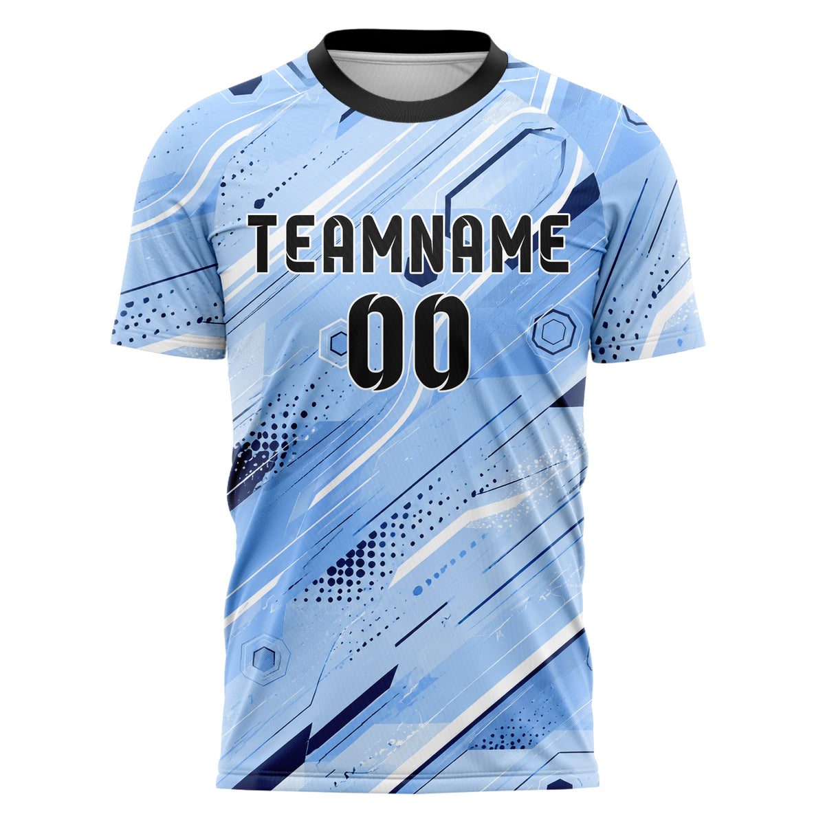 Hellblau klassisches abstrakte Linien Hexagons Curve Lines Design 12-0085 individuelles Fußballtrikot front
