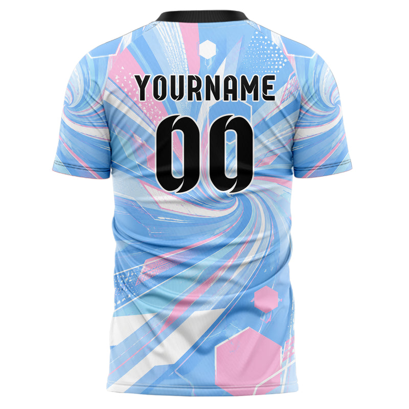 Himmelblau pastelliges abstrakte Linien Hexagons Curve Lines Design 12-0173 individuelles Fußballtrikot back
