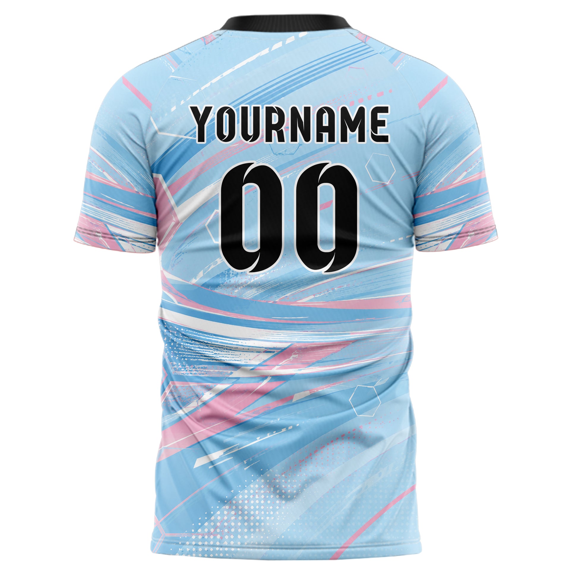 Himmelblau pastelliges abstrakte Linien Hexagons Curve Lines Design 12-0197 individuelles Fußballtrikot back