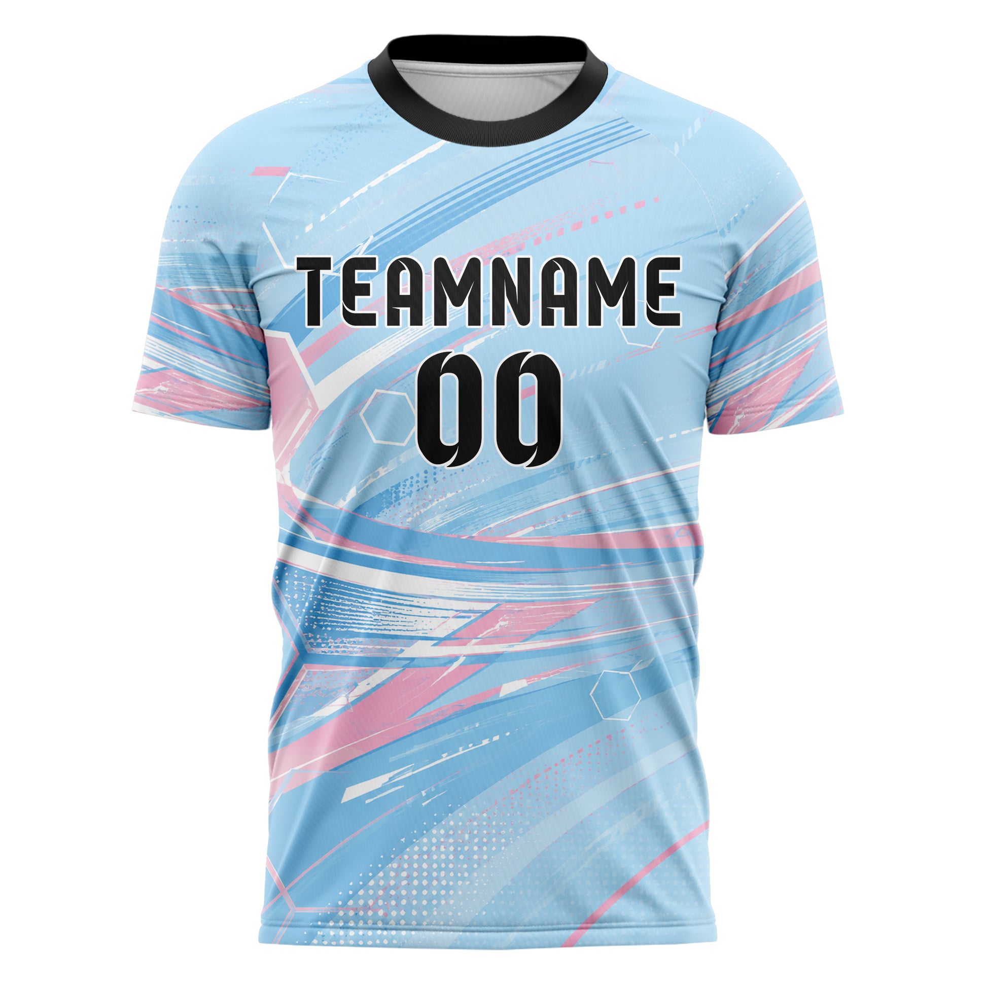 Himmelblau pastelliges abstrakte Linien Hexagons Curve Lines Design 12-0197 individuelles Fußballtrikot front