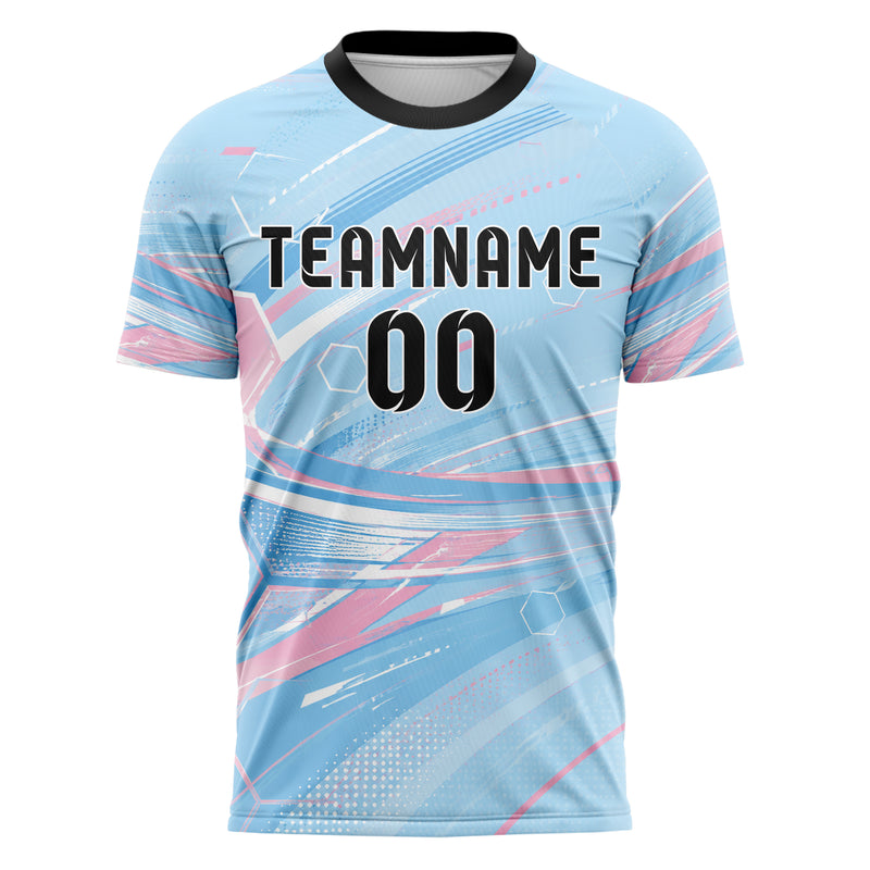 Himmelblau pastelliges abstrakte Linien Hexagons Curve Lines Design 12-0197 individuelles Fußballtrikot front