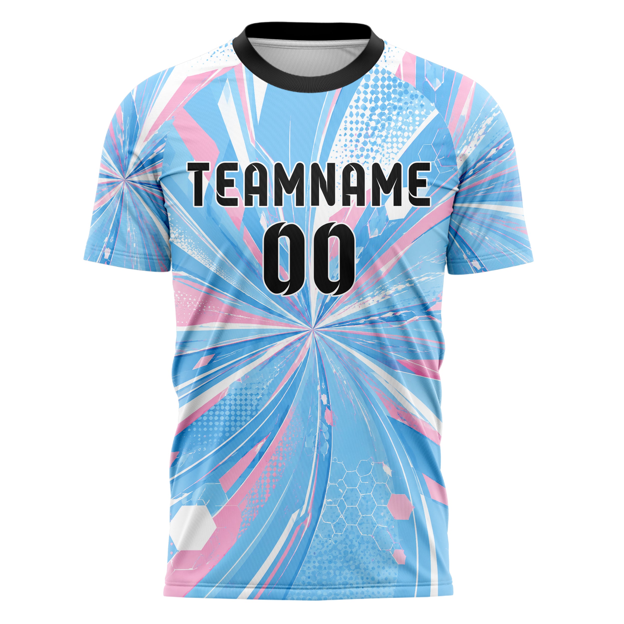 Himmelblau pastelliges abstrakte Linien Hexagons Curve Lines Design 12-0461 individuelles Fußballtrikot front