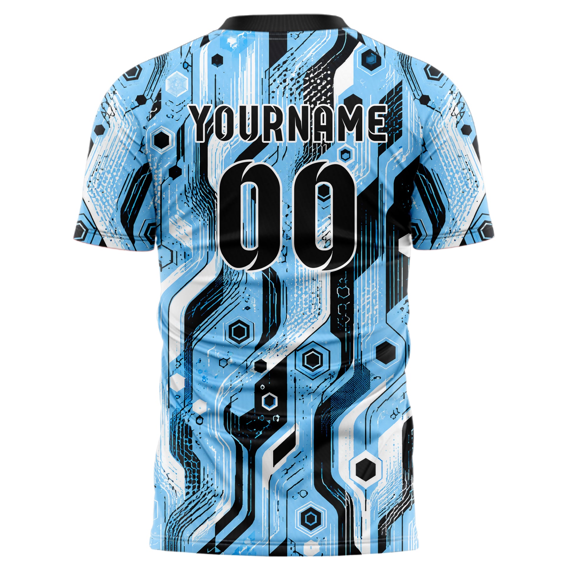 Puderblau lebendiges abstrakte Linien Hexagons Curve Lines Design 12-0381 individuelles Fußballtrikot back