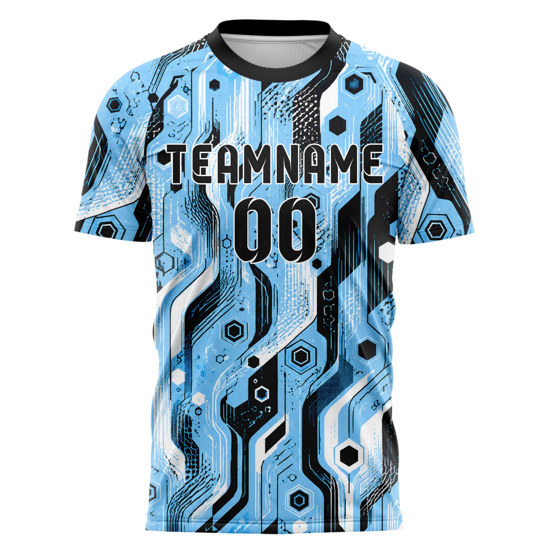 Puderblau lebendiges abstrakte Linien Hexagons Curve Lines Design 12-0381 individuelles Fußballtrikot front