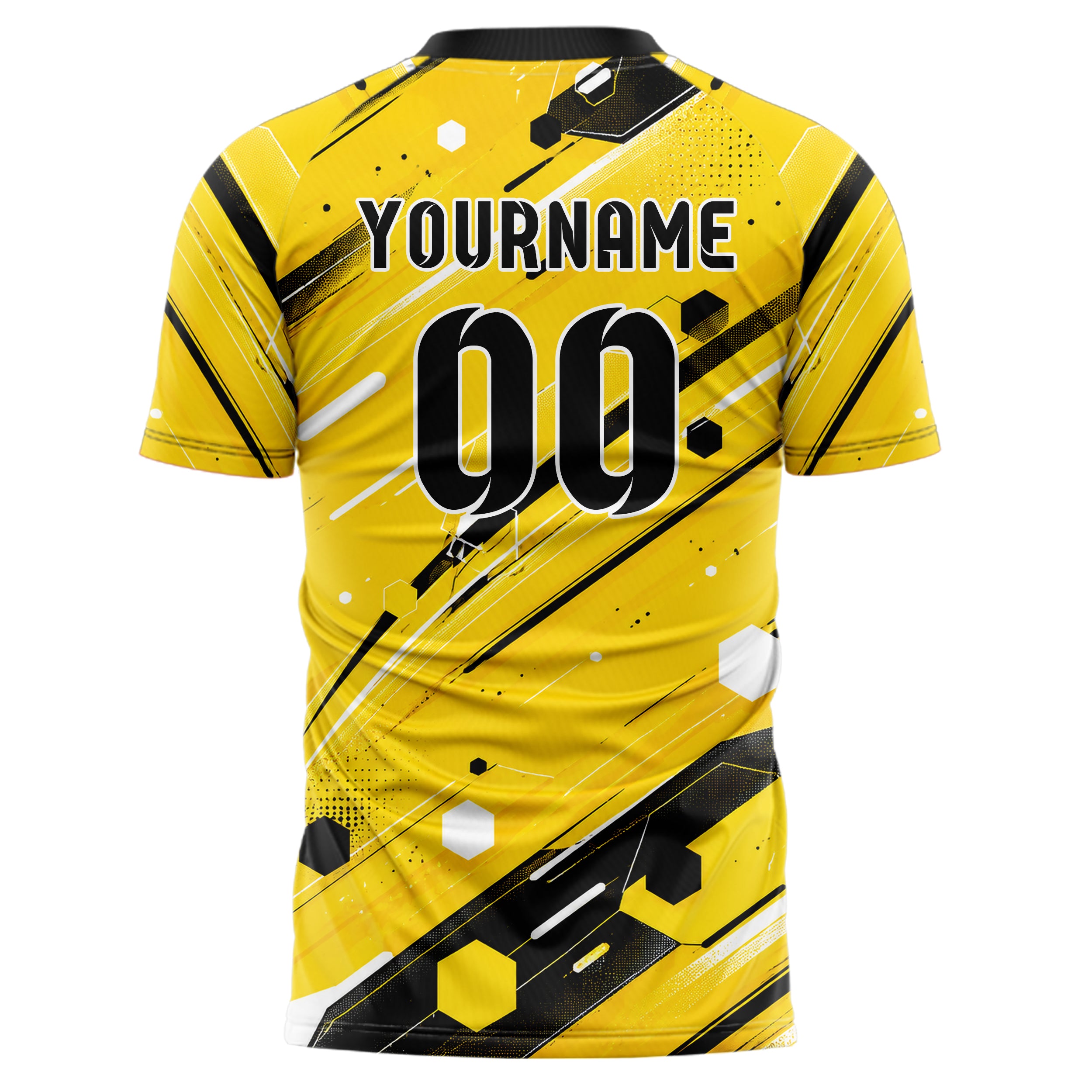 Gelb lebendiges abstrakte Linien Hexagons Curve Lines Design 12-0149 individuelles Fußballtrikot back