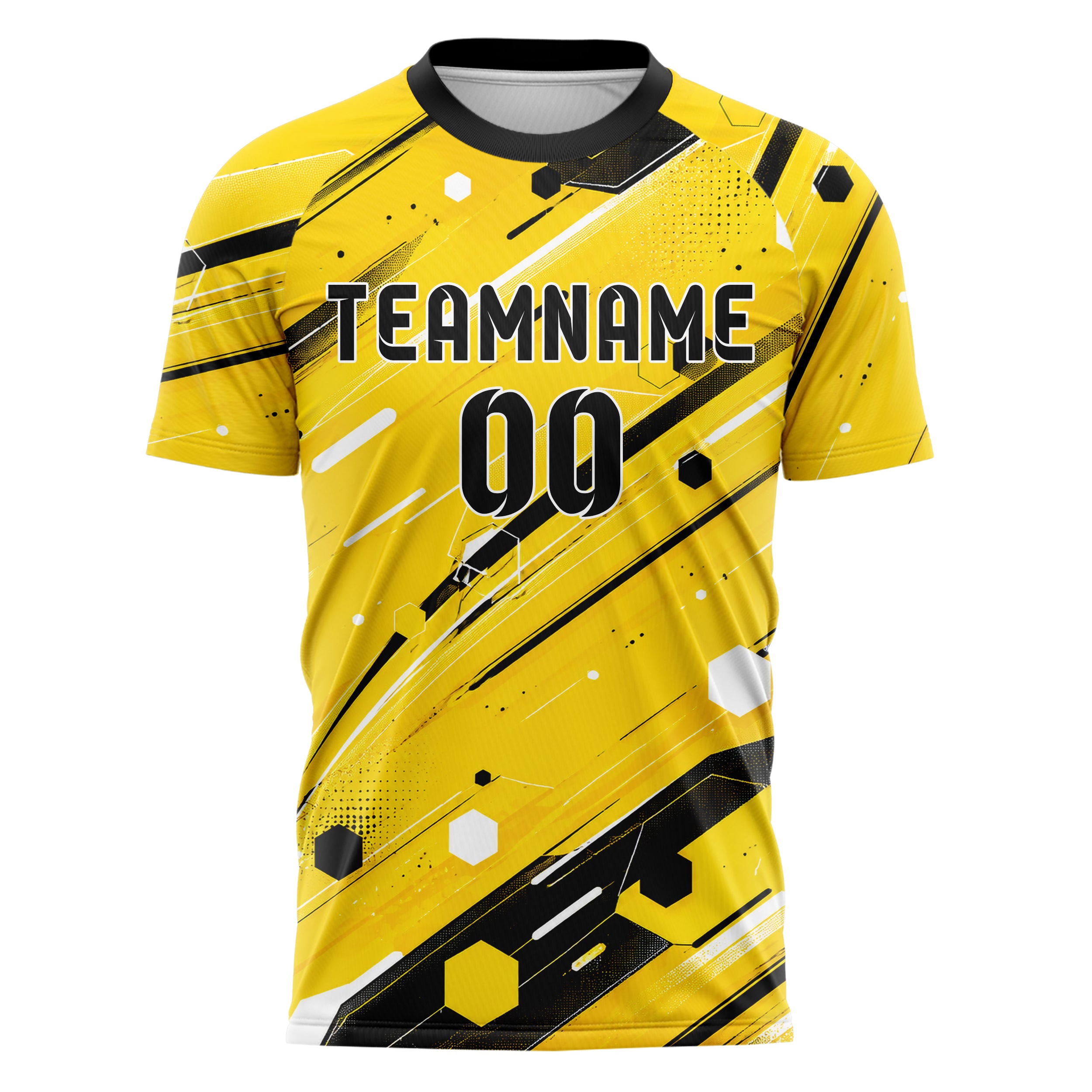 Gelb lebendiges abstrakte Linien Hexagons Curve Lines Design 12-0149 individuelles Fußballtrikot front