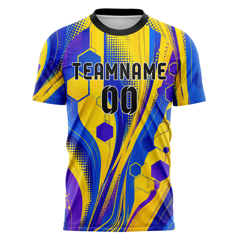 Gelb lebendiges abstrakte Linien Hexagons Curve Lines Design 12-0493 individuelles Fußballtrikot front