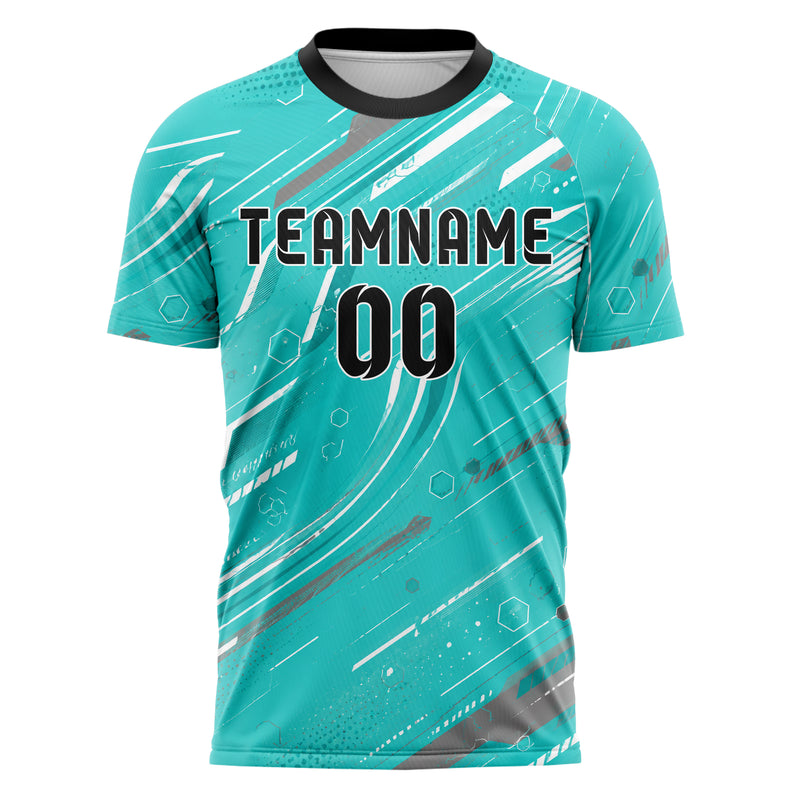 Aqua klassisches abstrakte Linien Hexagons Curve Lines Design 12-0509 individuelles Fußballtrikot front