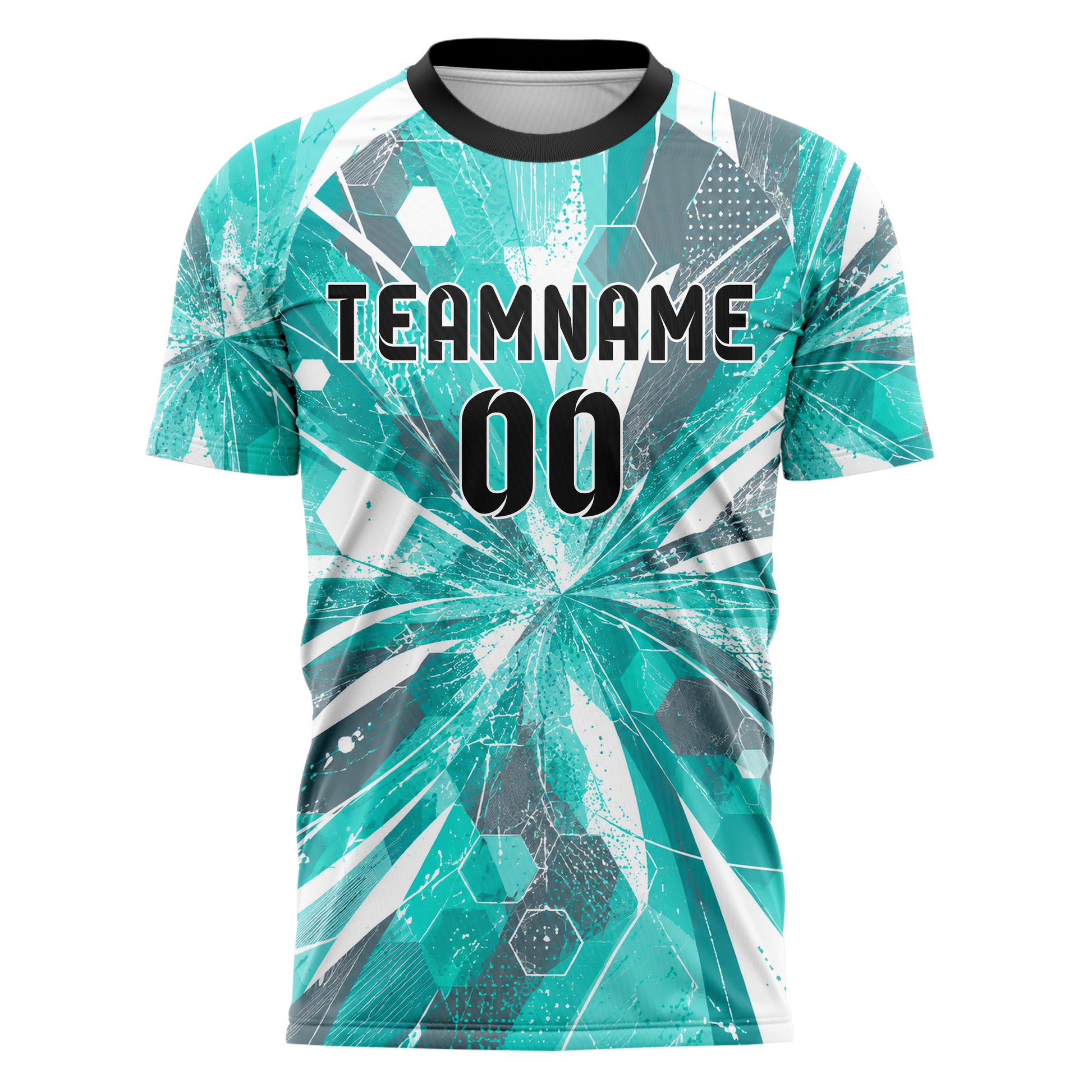 Aqua klassisches abstrakte Linien Hexagons Curve Lines Design 12-0605 individuelles Fußballtrikot front