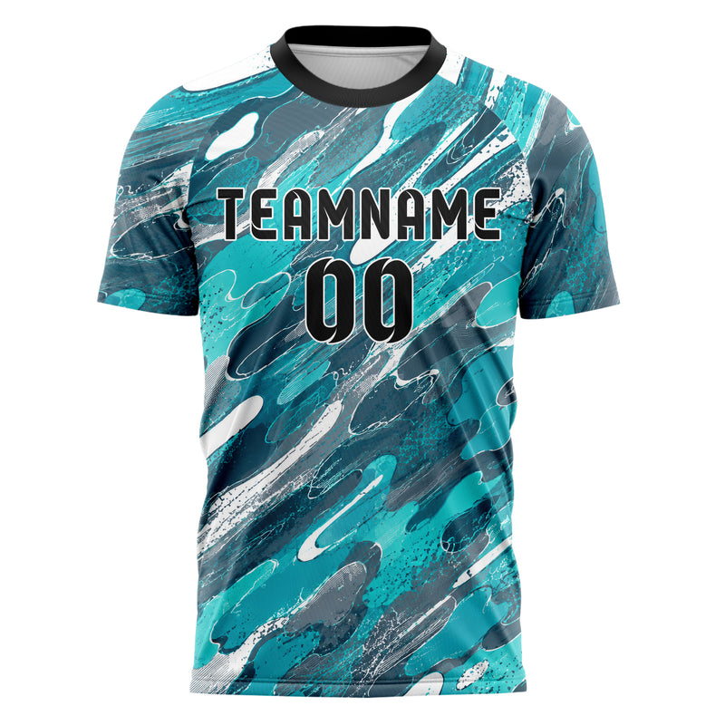 Aqua klassisches abstrakte Linien Organic Blobs Outline Design 12-0596 individuelles Fußballtrikot front