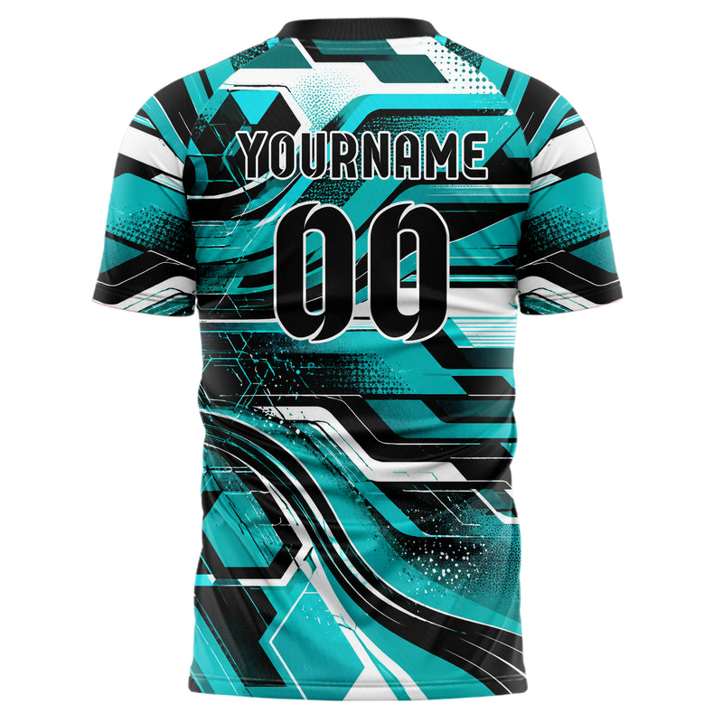 Cyan lebendiges abstrakte Linien Hexagons Curve Lines Design 12-0357 individuelles Fußballtrikot back