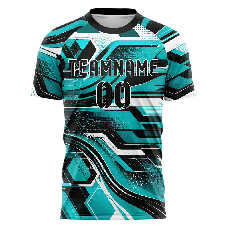 Cyan lebendiges abstrakte Linien Hexagons Curve Lines Design 12-0357 individuelles Fußballtrikot front