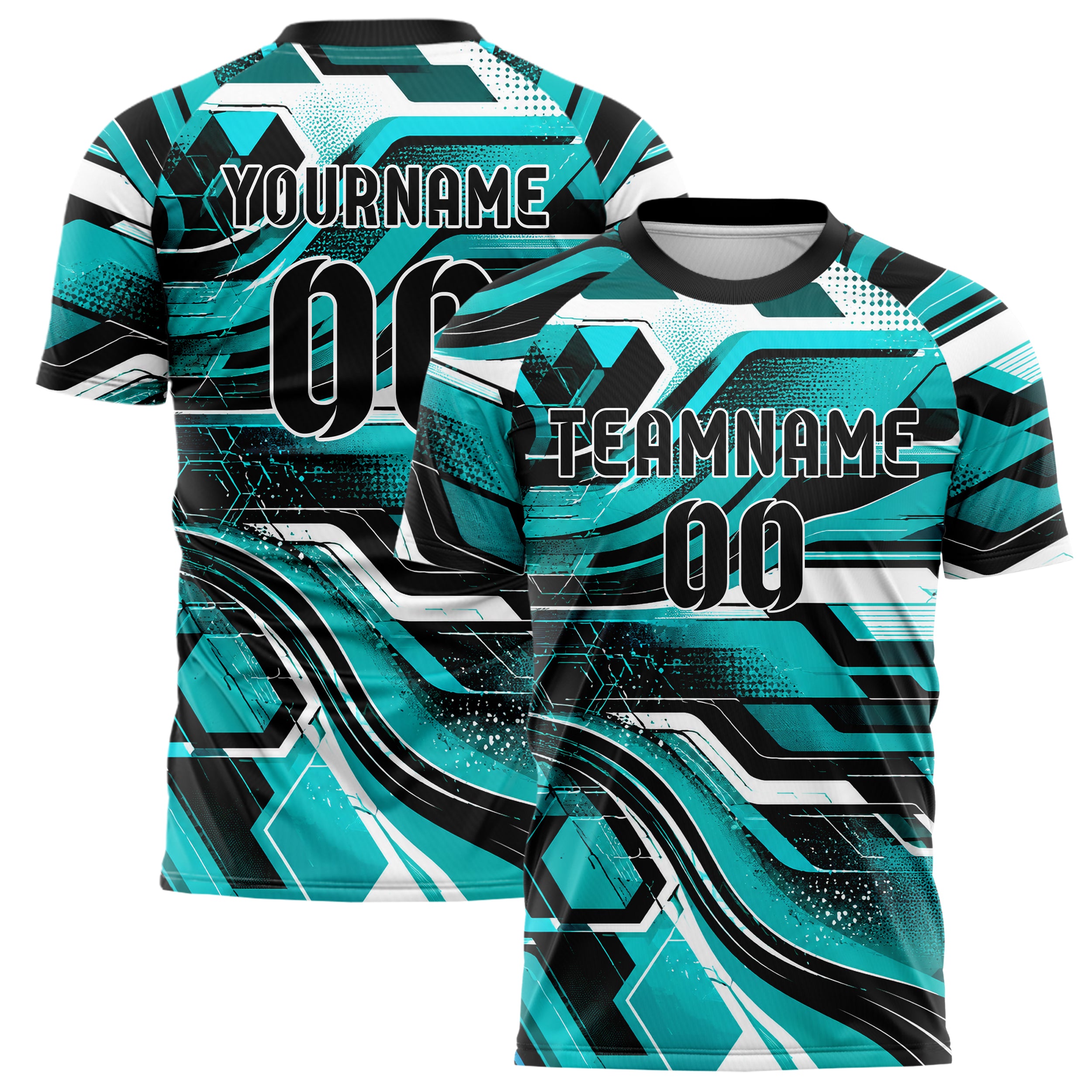 Cyan lebendiges abstrakte Linien Hexagons Curve Lines Design 12-0357 individuelles Fußballtrikot main