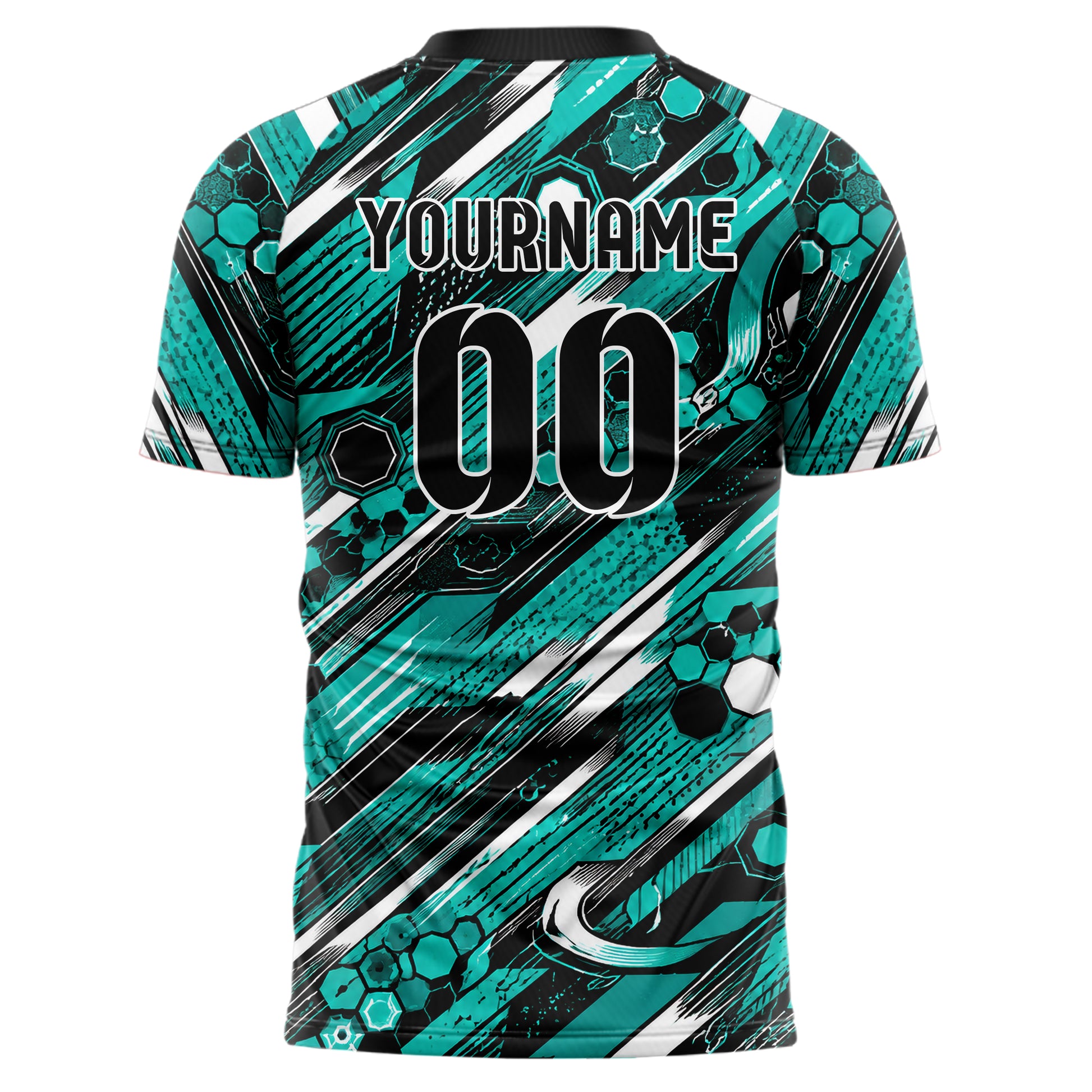 Cyan lebendiges abstrakte Linien Hexagons Curve Lines Design 12-0453 individuelles Fußballtrikot back