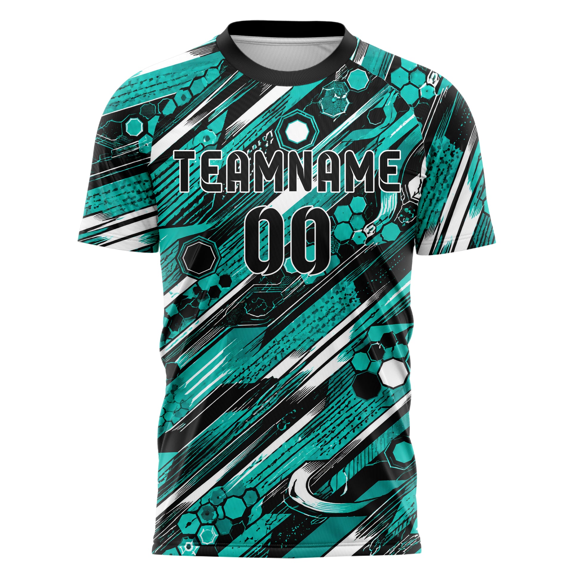 Cyan lebendiges abstrakte Linien Hexagons Curve Lines Design 12-0453 individuelles Fußballtrikot front