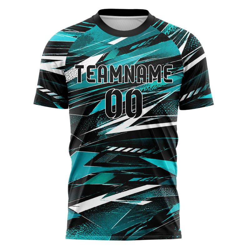 Cyan lebendiges abstrakte Linien Polygon Shards Design 12-0546 individuelles Fußballtrikot front