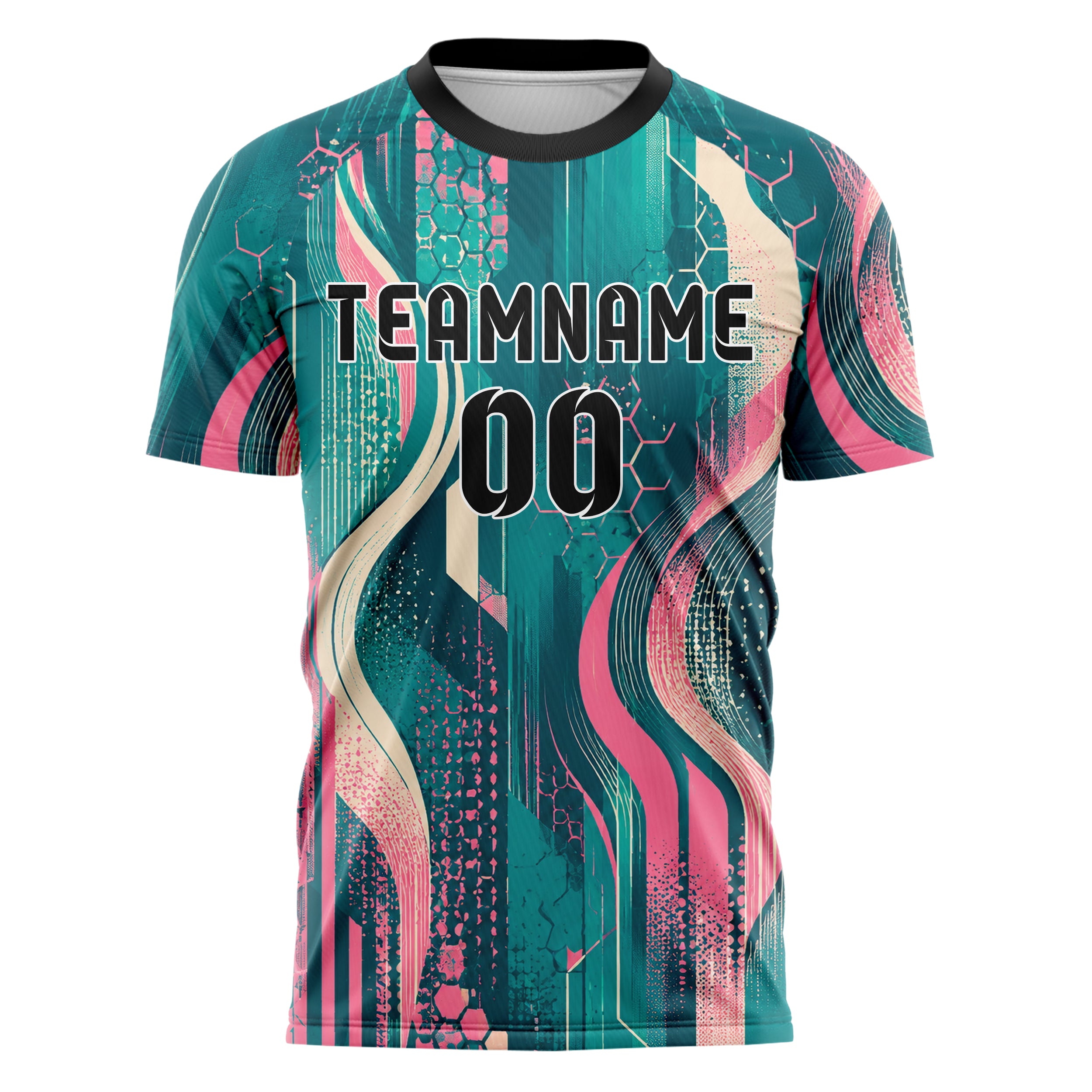 Petrol lebendiges abstrakte Linien Hexagons Curve Lines Design 12-0181 individuelles Fußballtrikot front