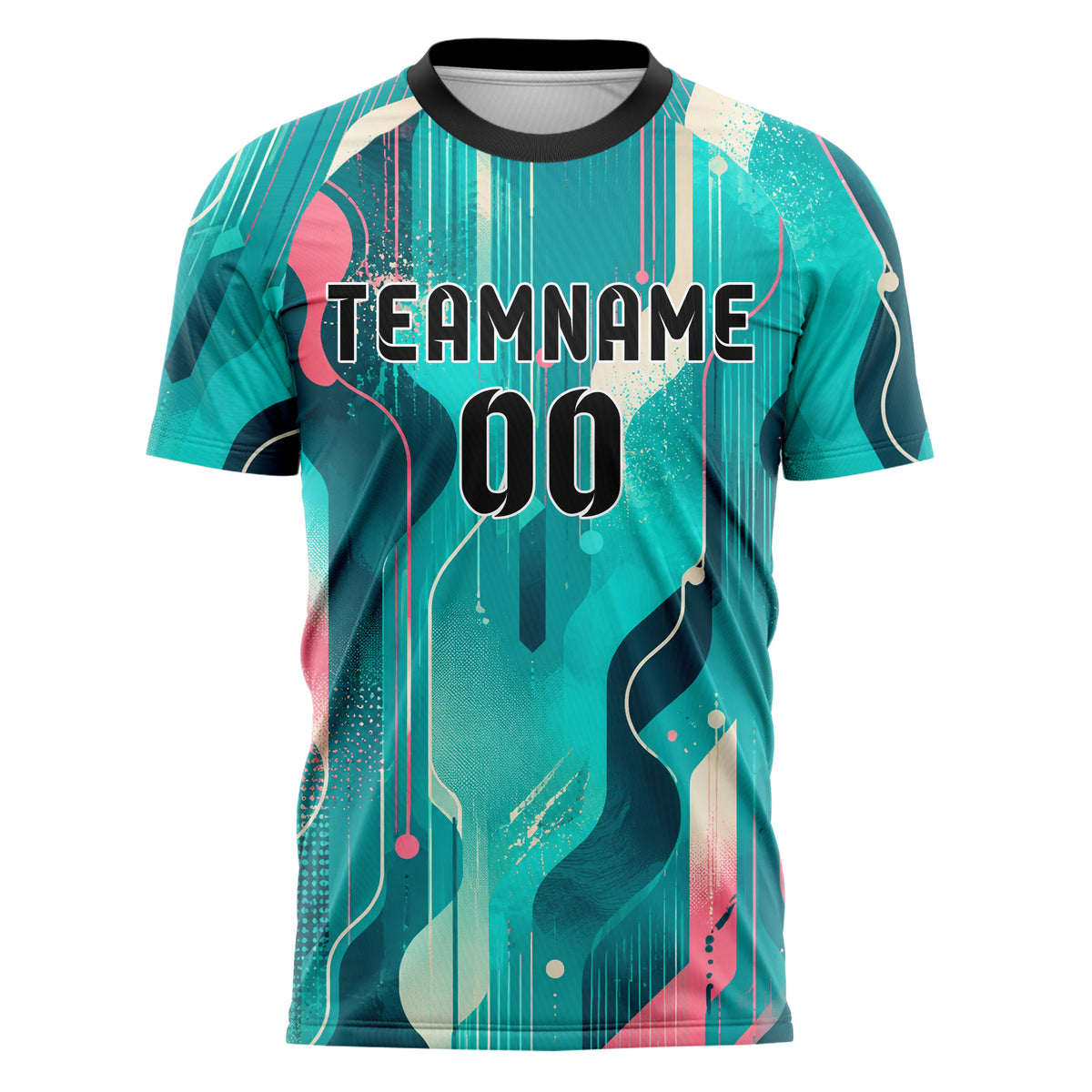 Petrol lebendiges abstrakte Linien Organic Blobs Outline Design 12-0532 individuelles Fußballtrikot front