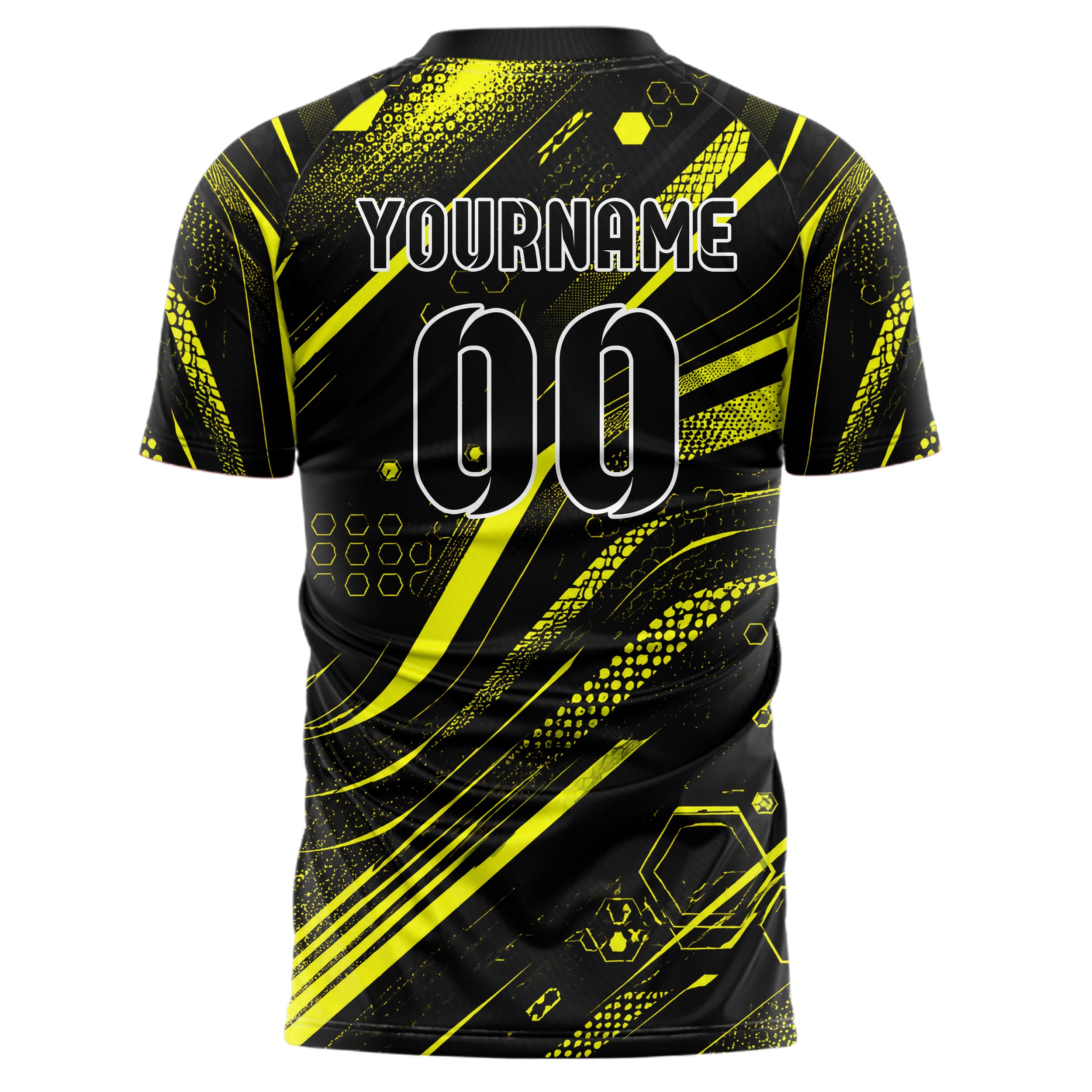 Schwarz neonfarbenes abstrakte Linien Hexagons Curve Lines Design 12-0037 individuelles Fußballtrikot back