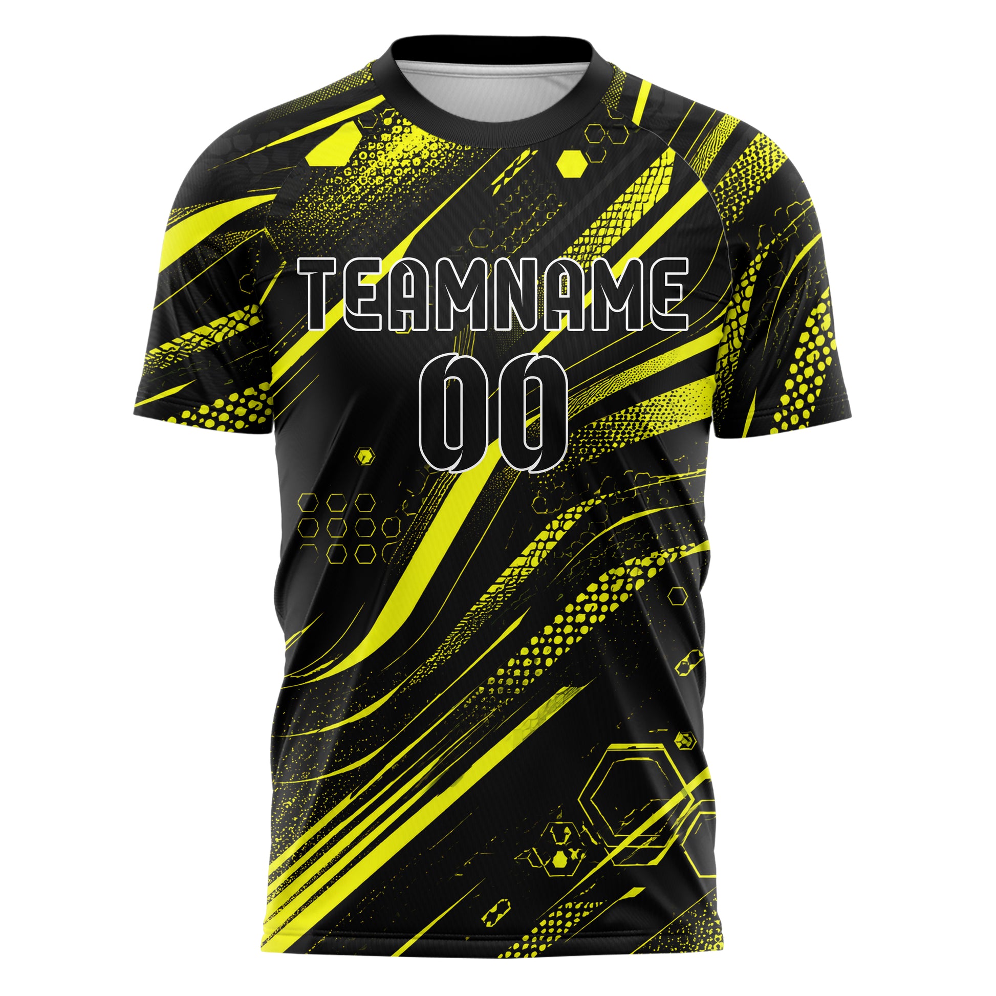 Schwarz neonfarbenes abstrakte Linien Hexagons Curve Lines Design 12-0037 individuelles Fußballtrikot front