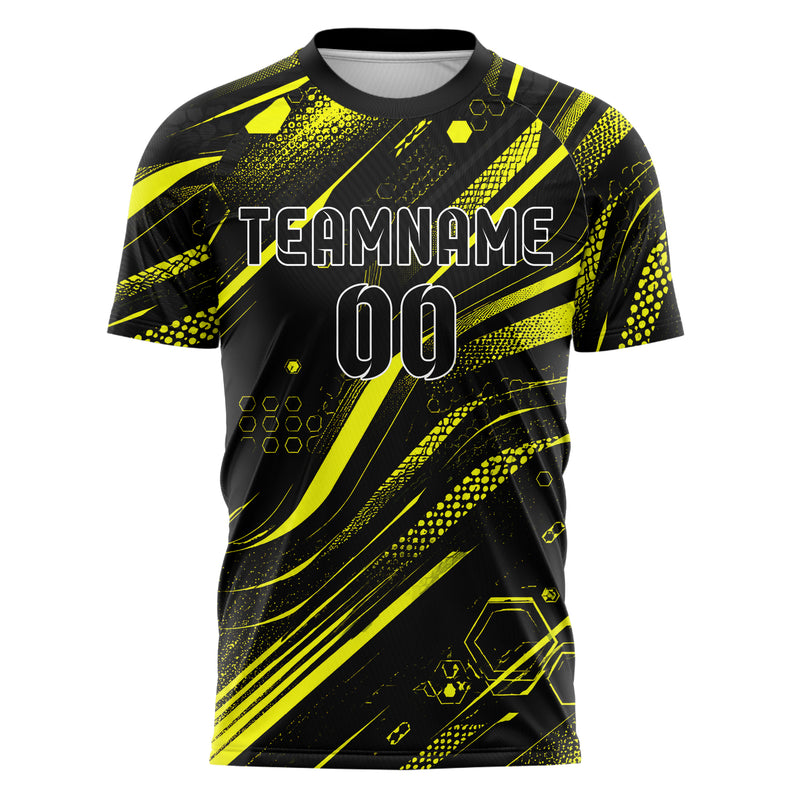 Schwarz neonfarbenes abstrakte Linien Hexagons Curve Lines Design 12-0037 individuelles Fußballtrikot front