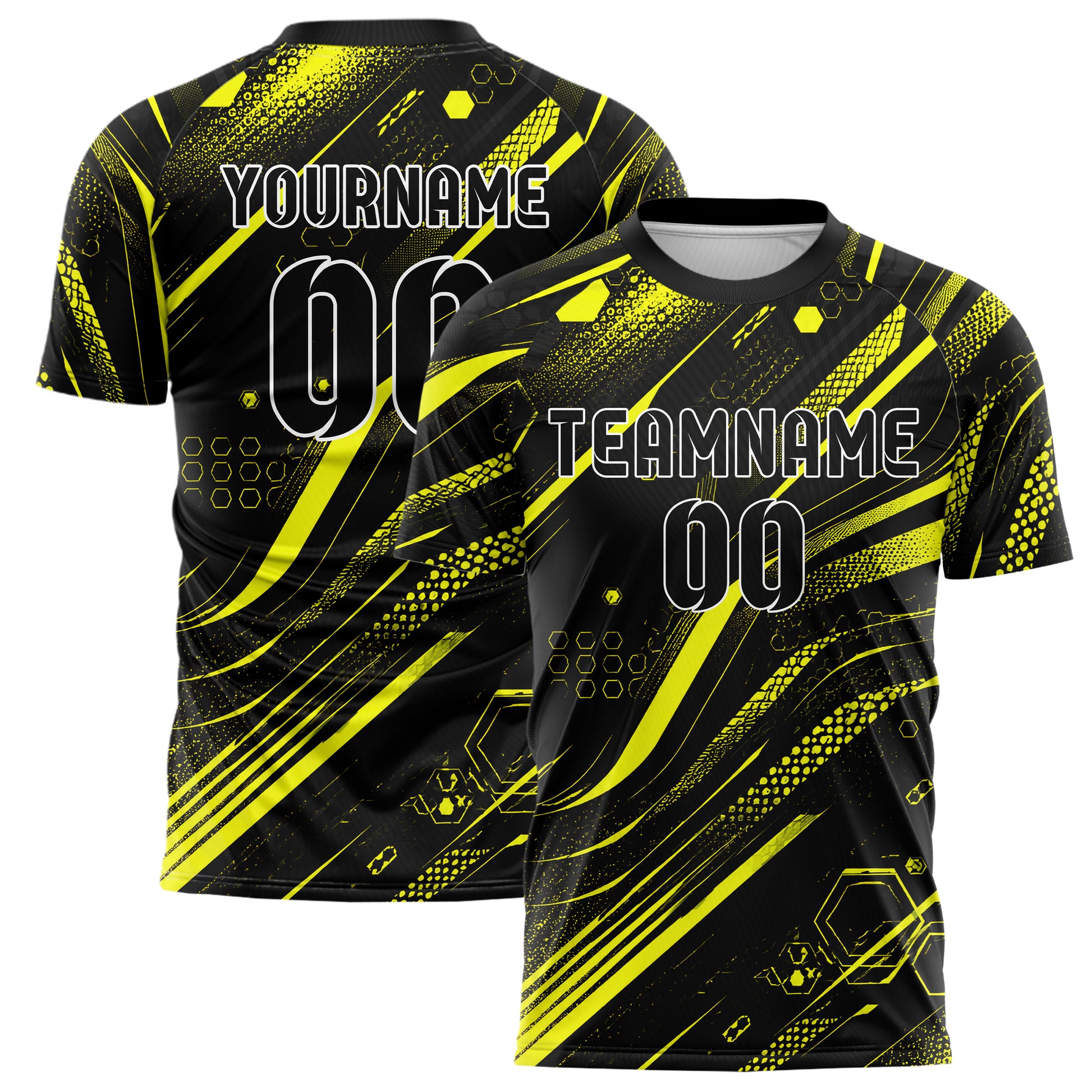 Schwarz neonfarbenes abstrakte Linien Hexagons Curve Lines Design 12-0037 individuelles Fußballtrikot main