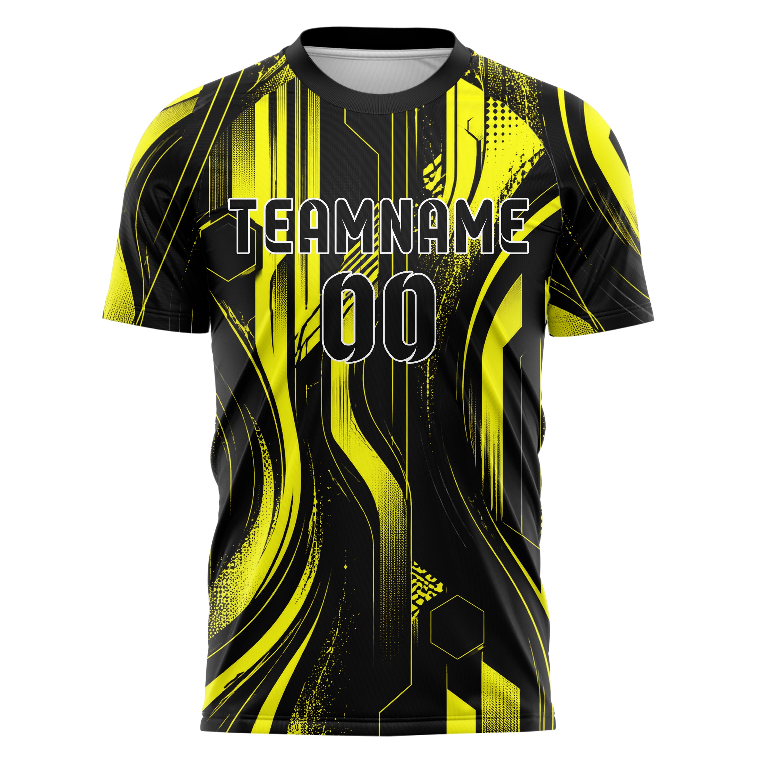 Schwarz neonfarbenes abstrakte Linien Hexagons Curve Lines Design 12-0565 individuelles Fußballtrikot front