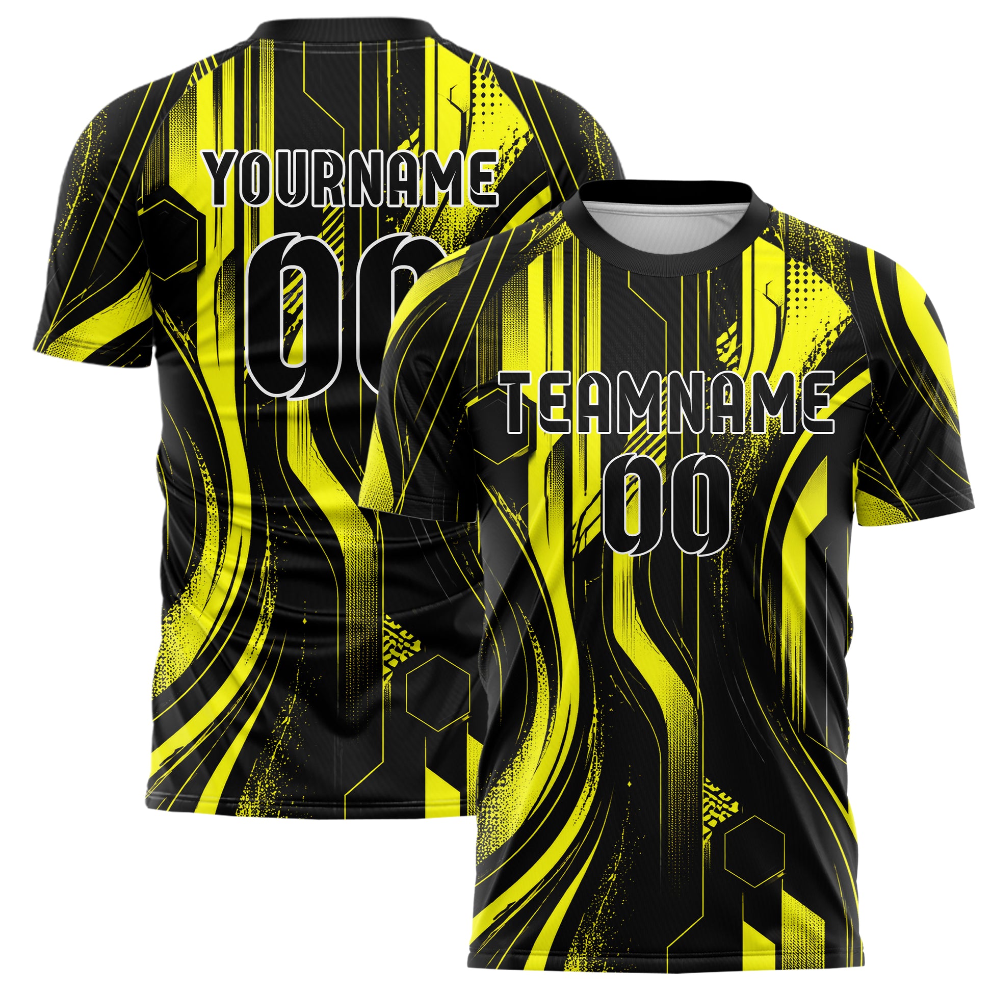 Schwarz neonfarbenes abstrakte Linien Hexagons Curve Lines Design 12-0565 individuelles Fußballtrikot main