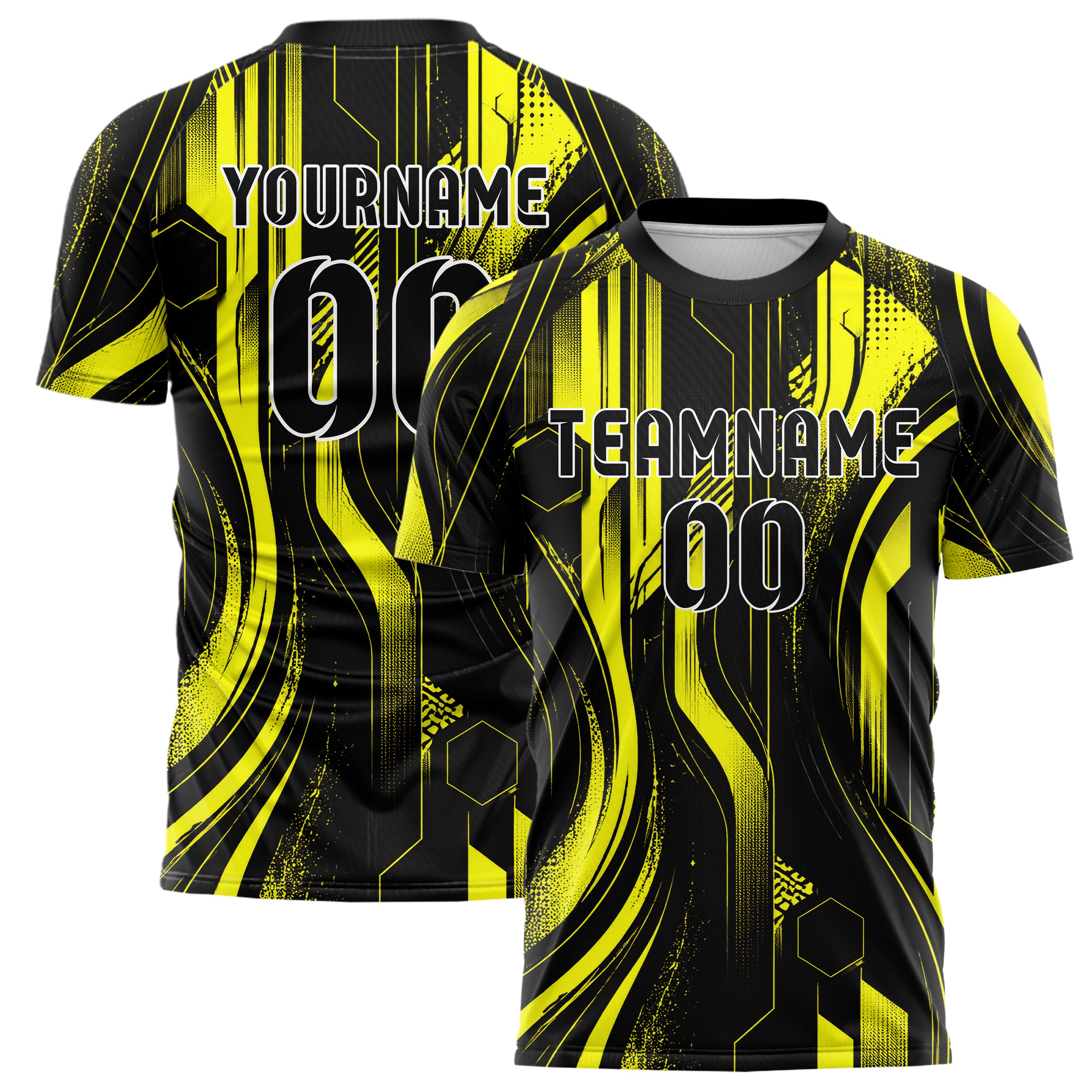 Schwarz neonfarbenes abstrakte Linien Hexagons Curve Lines Design 12-0565 individuelles Fußballtrikot main