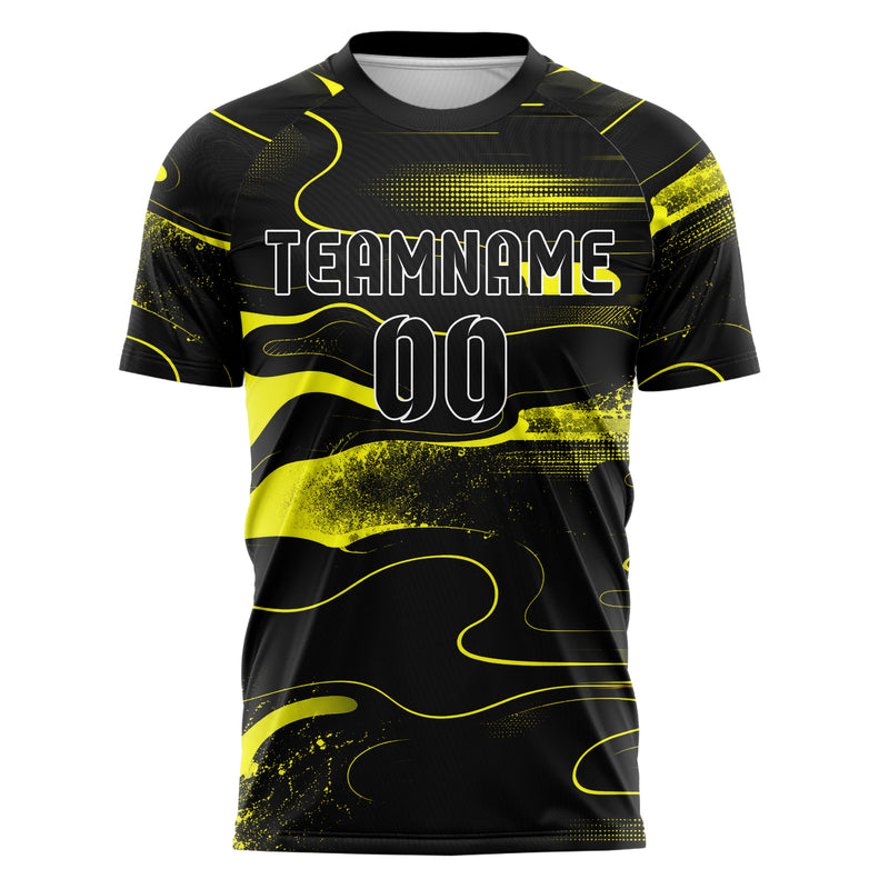 Schwarz neonfarbenes abstrakte Linien Organic Blobs Outline Design 12-0268 individuelles Fußballtrikot front