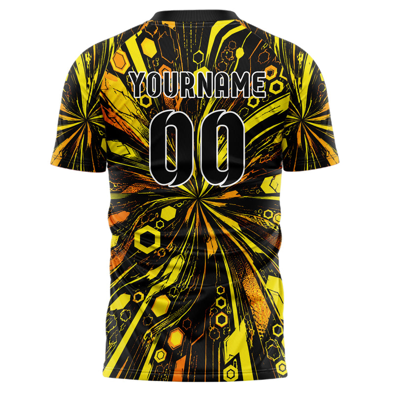 Gelb lebendiges abstrakte Linien Hexagons Curve Lines Design 12-0021 individuelles Fußballtrikot back