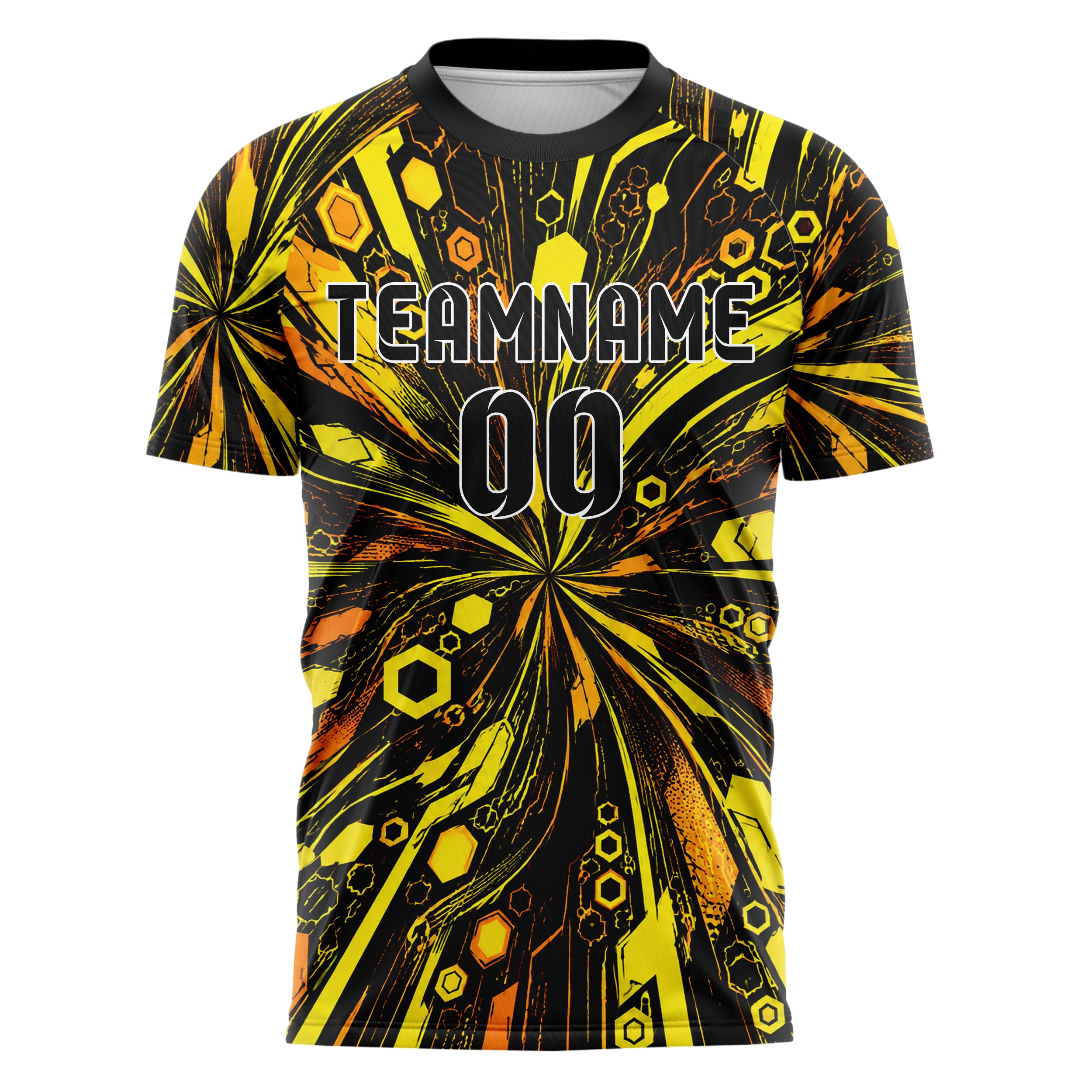 Gelb lebendiges abstrakte Linien Hexagons Curve Lines Design 12-0021 individuelles Fußballtrikot front