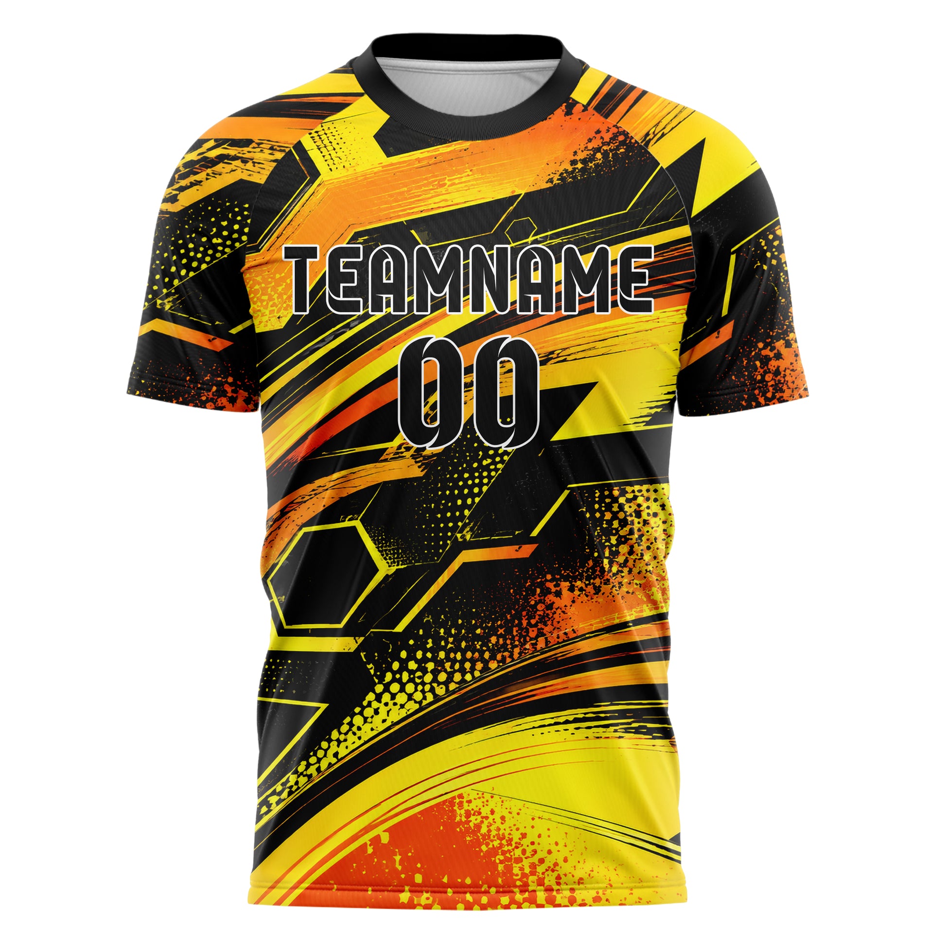 Gelb lebendiges abstrakte Linien Hexagons Curve Lines Design 12-0501 individuelles Fußballtrikot front
