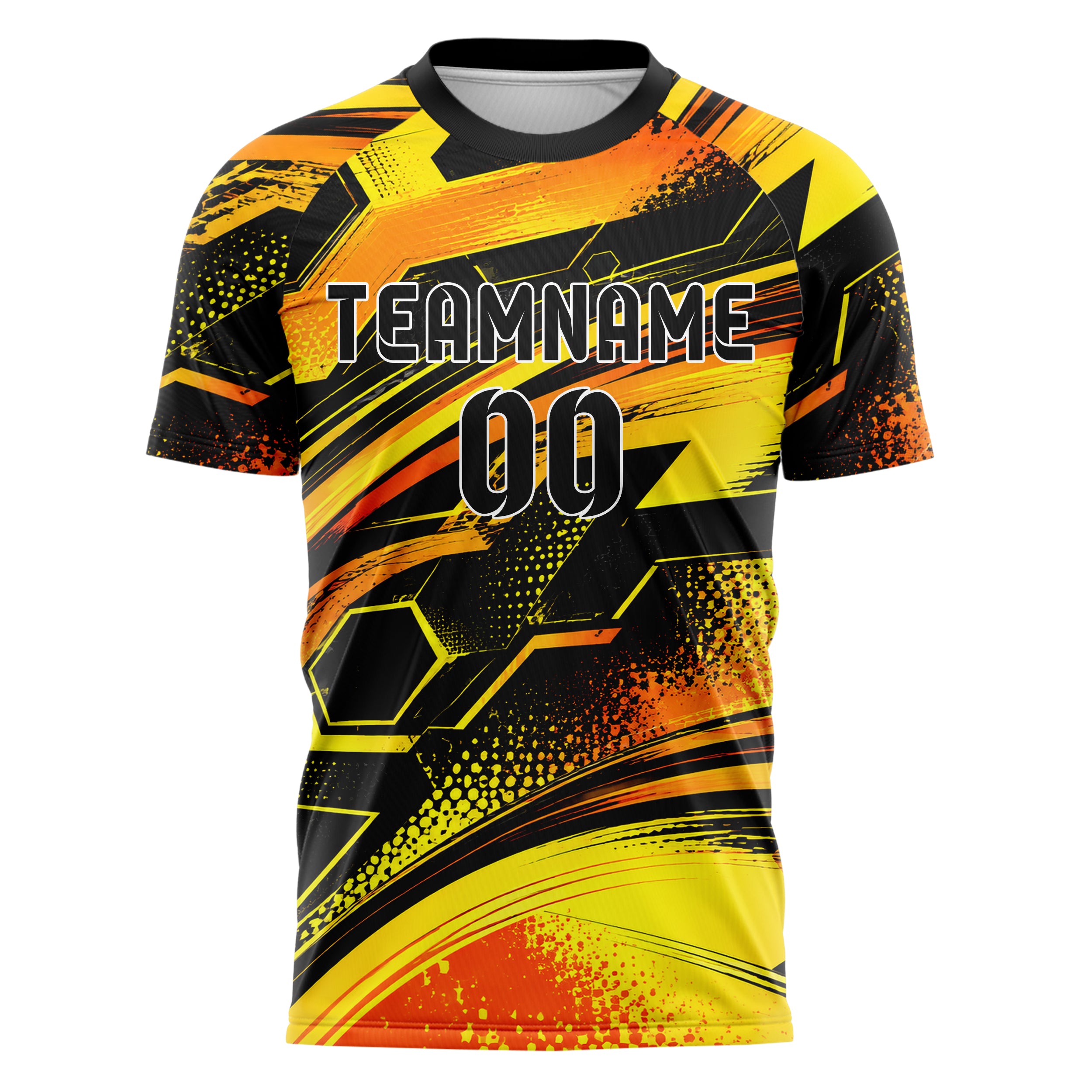 Gelb lebendiges abstrakte Linien Hexagons Curve Lines Design 12-0501 individuelles Fußballtrikot front