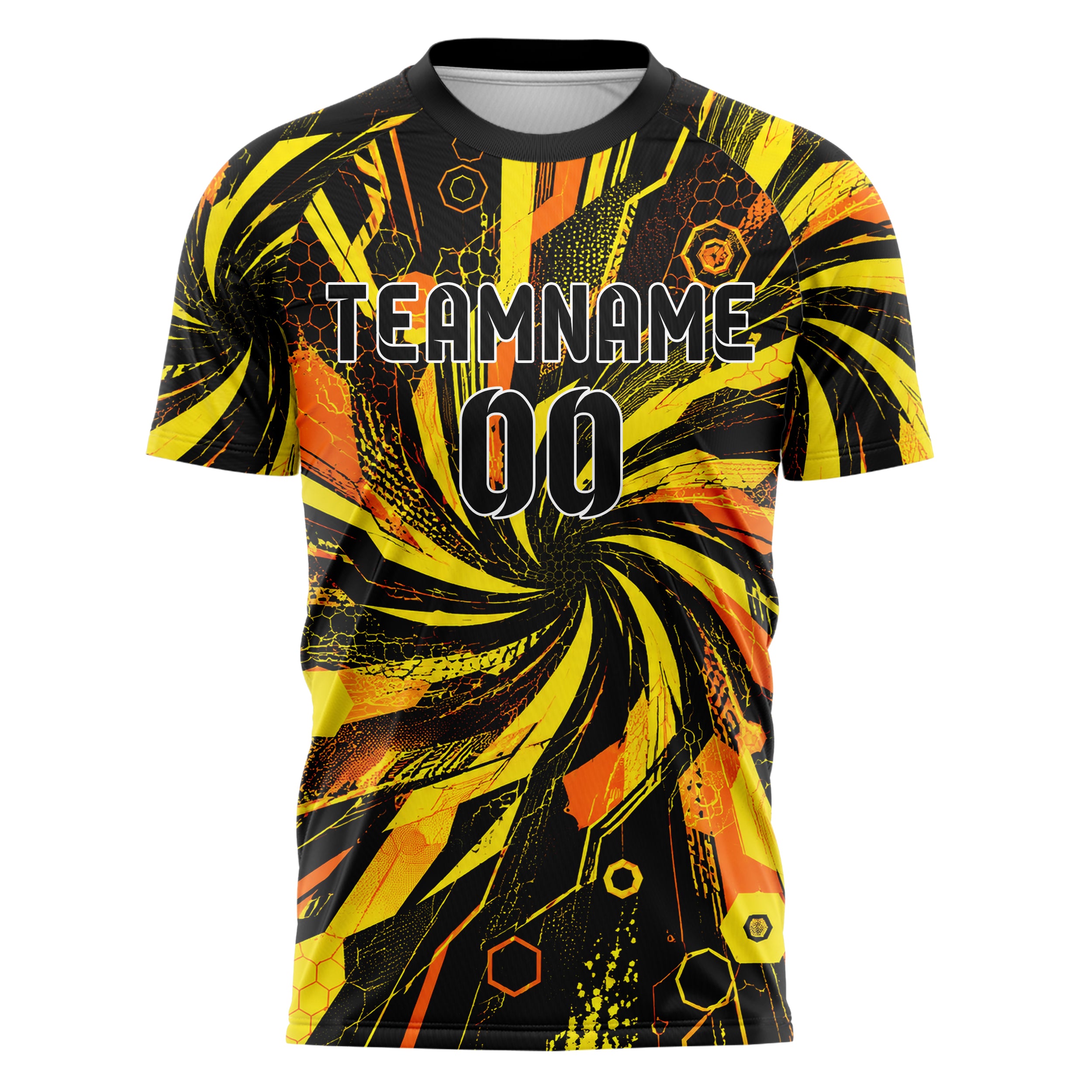 Gelb lebendiges abstrakte Linien Hexagons Curve Lines Design 12-0549 individuelles Fußballtrikot front