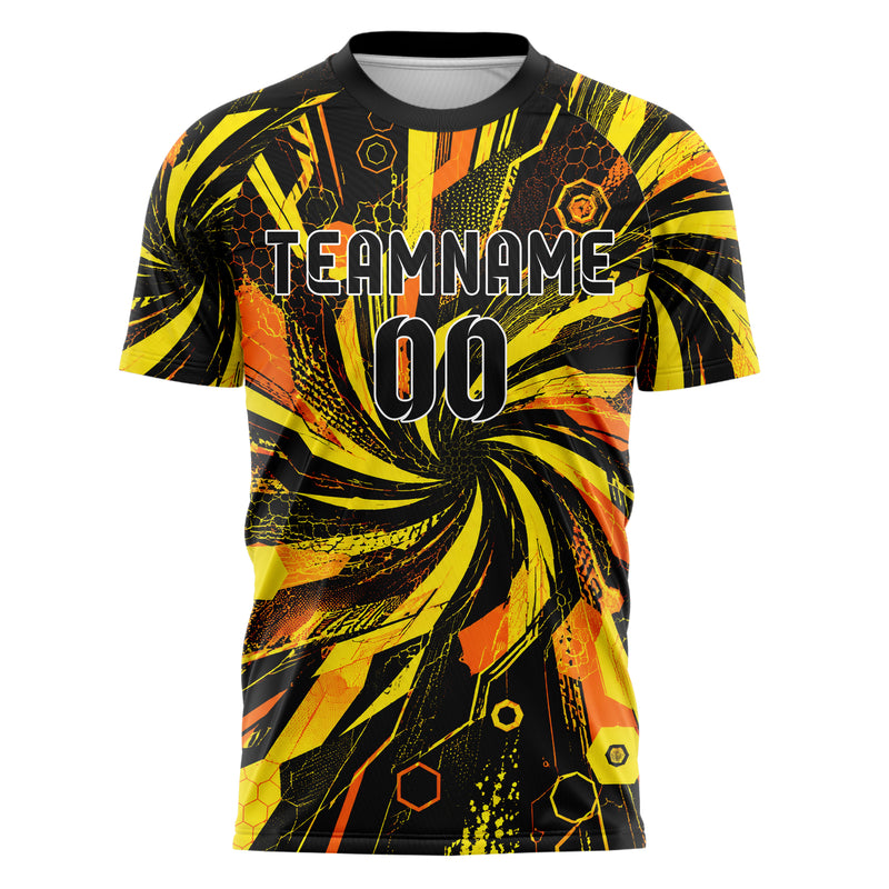Gelb lebendiges abstrakte Linien Hexagons Curve Lines Design 12-0549 individuelles Fußballtrikot front