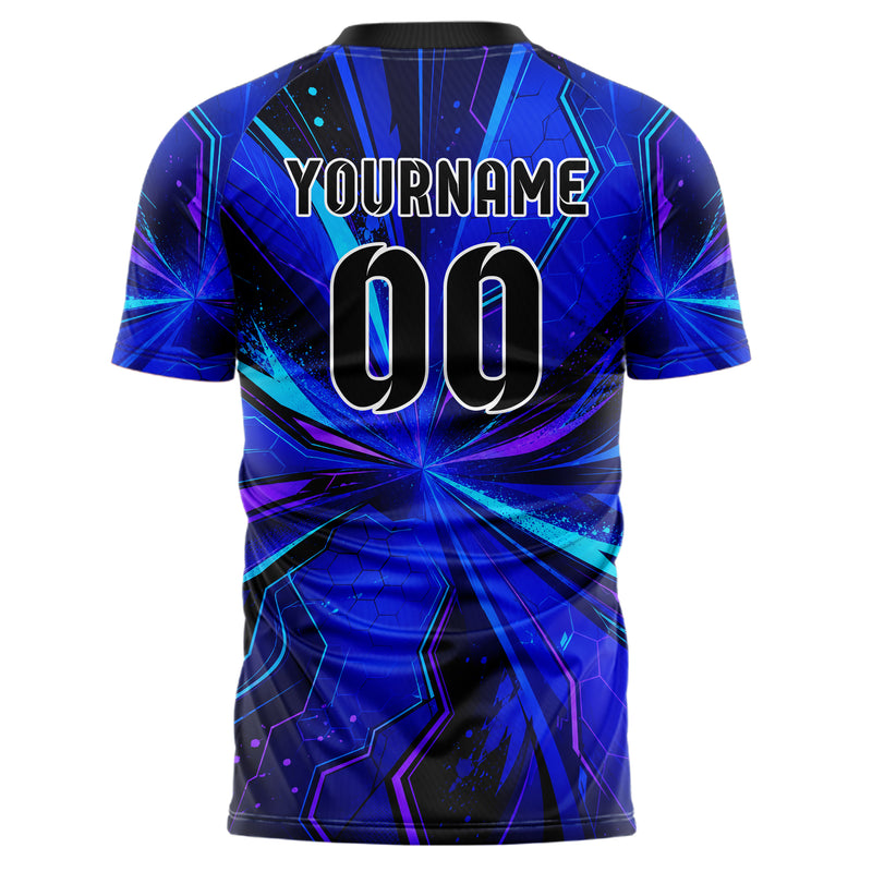 Royalblau lebendiges abstrakte Linien Hexagons Curve Lines Design 12-0485 individuelles Fußballtrikot back