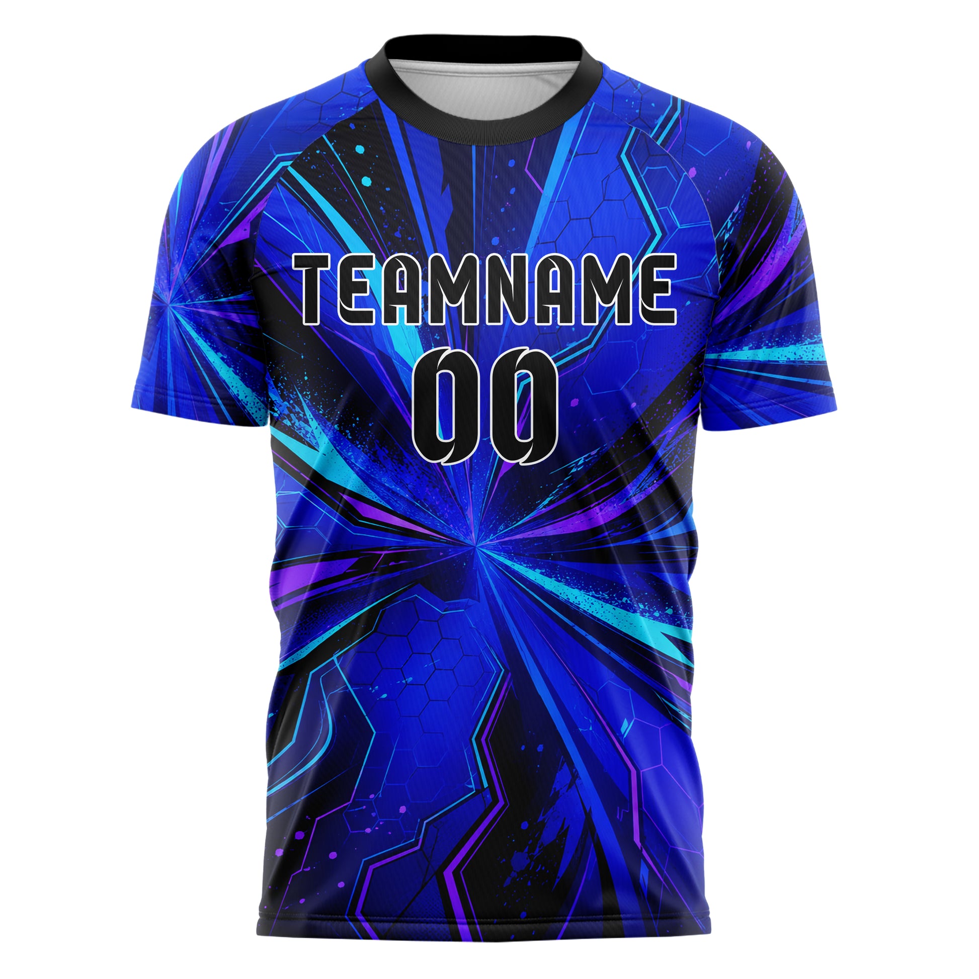 Royalblau lebendiges abstrakte Linien Hexagons Curve Lines Design 12-0485 individuelles Fußballtrikot front