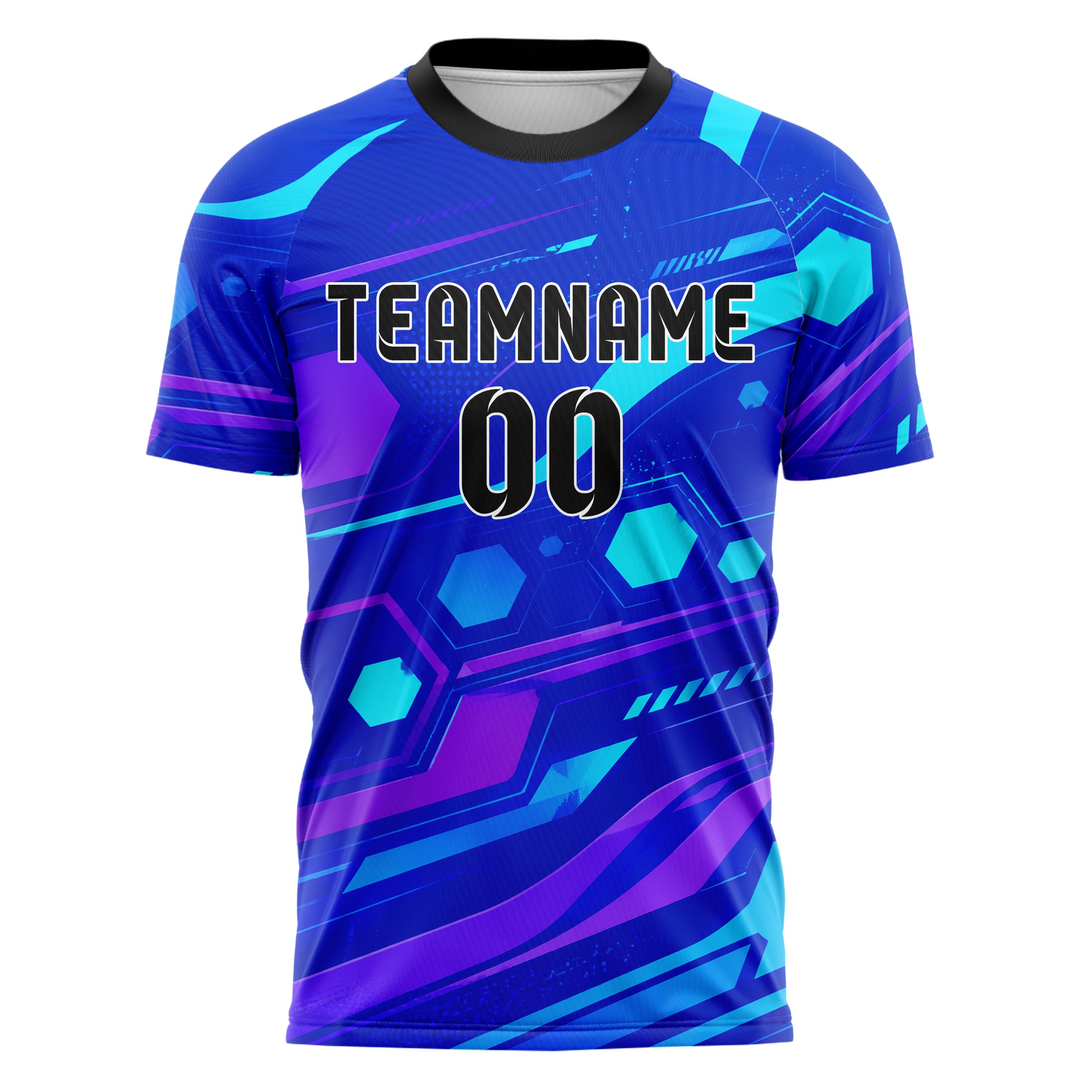 Royalblau lebendiges abstrakte Linien Hexagons Curve Lines Design 12-0557 individuelles Fußballtrikot front