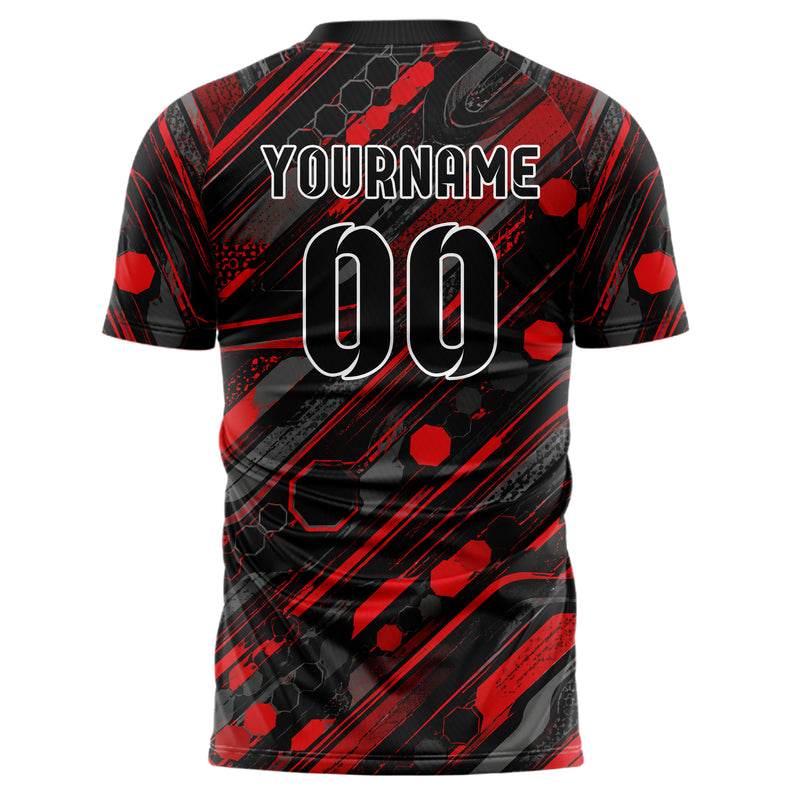 Rot lebendiges abstrakte Linien Hexagons Curve Lines Design 12-0237 individuelles Fußballtrikot back