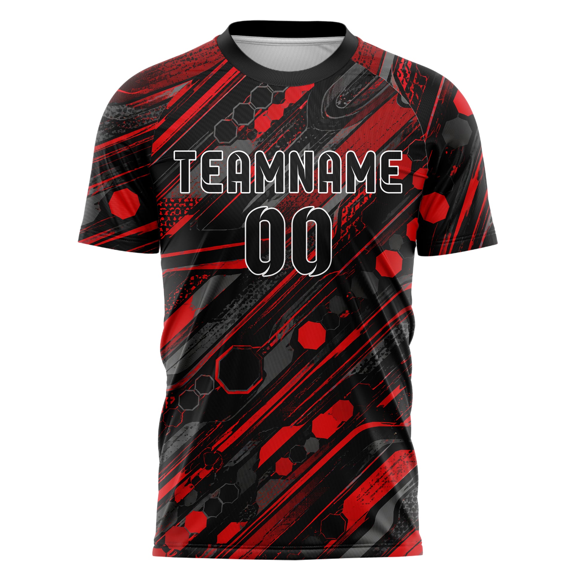 Rot lebendiges abstrakte Linien Hexagons Curve Lines Design 12-0237 individuelles Fußballtrikot front