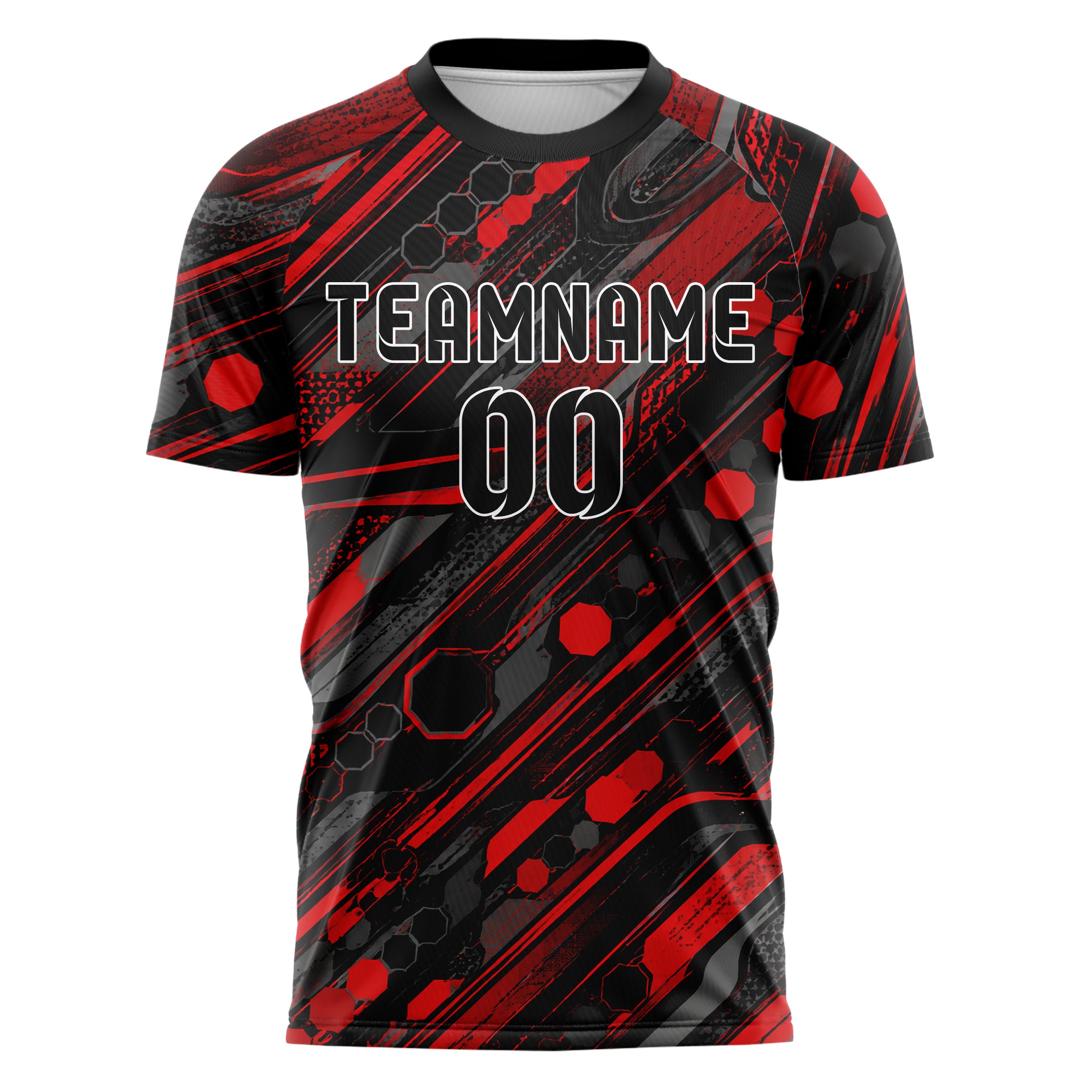 Rot lebendiges abstrakte Linien Hexagons Curve Lines Design 12-0237 individuelles Fußballtrikot front