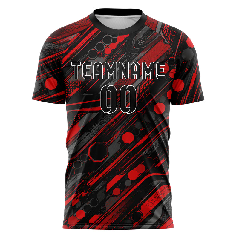 Rot lebendiges abstrakte Linien Hexagons Curve Lines Design 12-0237 individuelles Fußballtrikot front